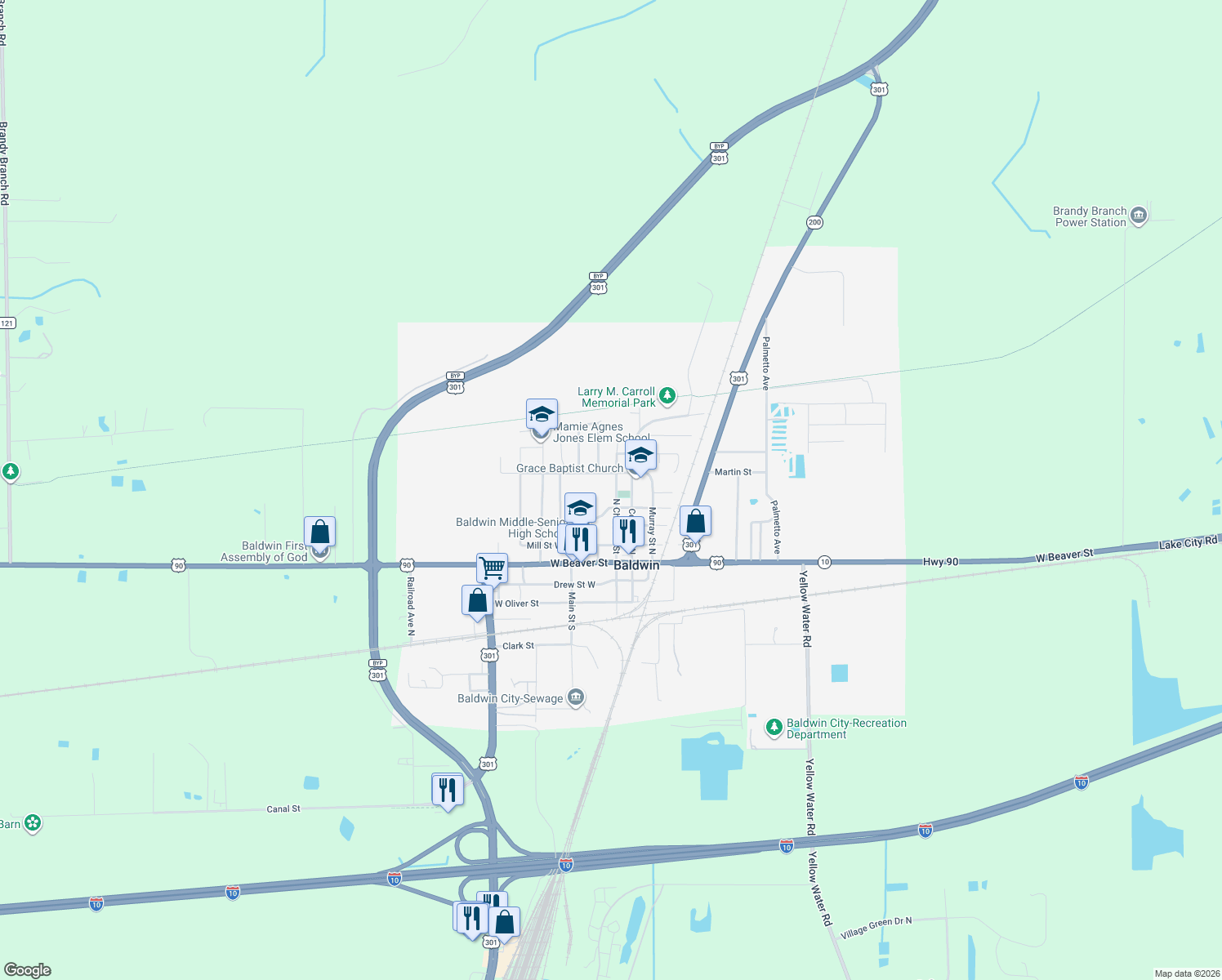 map of restaurants, bars, coffee shops, grocery stores, and more near 398 North Chestnut Street in Baldwin