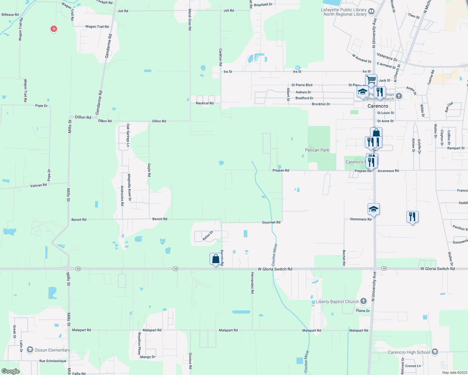 map of restaurants, bars, coffee shops, grocery stores, and more near 311 Sunflower Estates Lane in Carencro