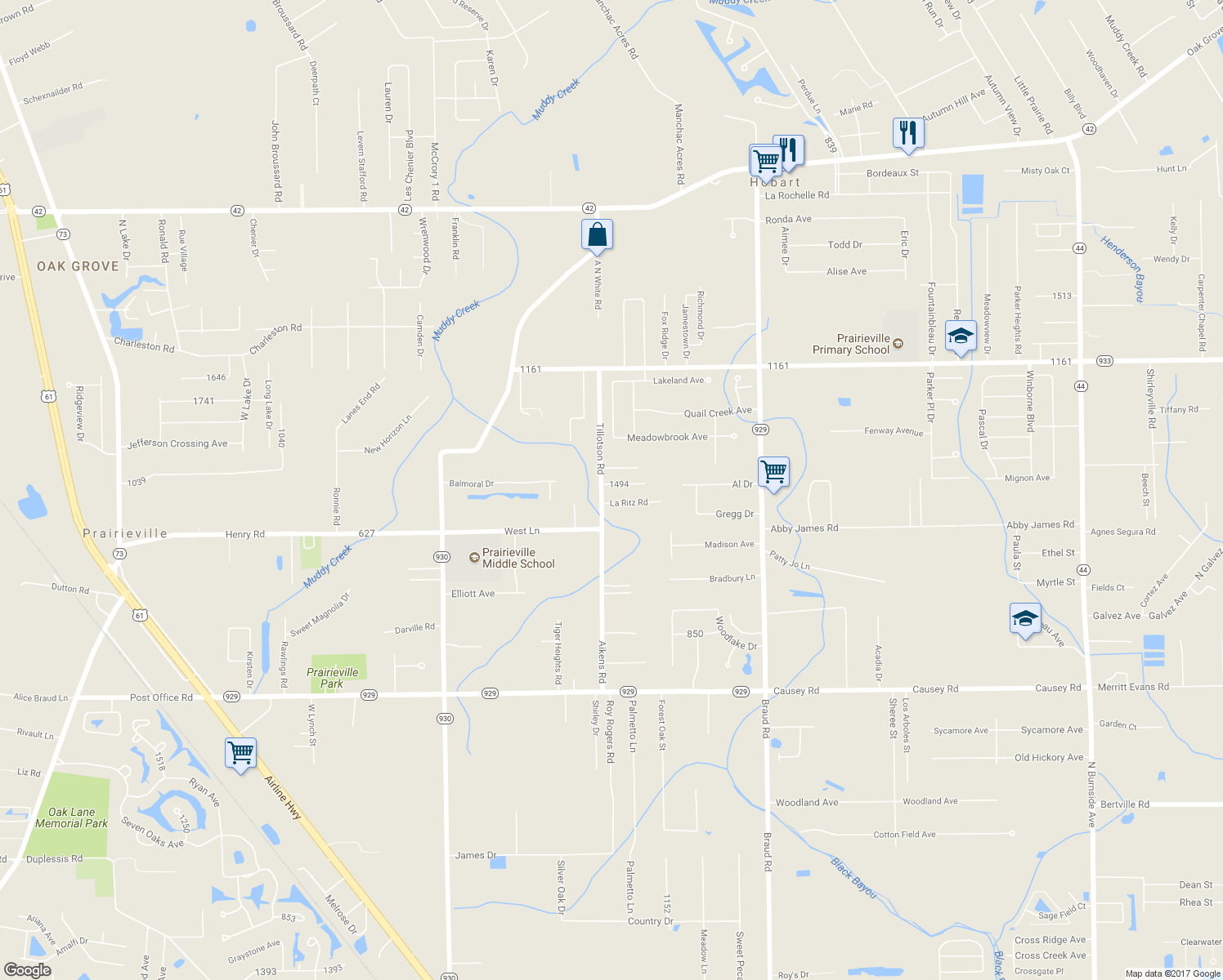 map of restaurants, bars, coffee shops, grocery stores, and more near 16334 Tillotson Road in Prairieville