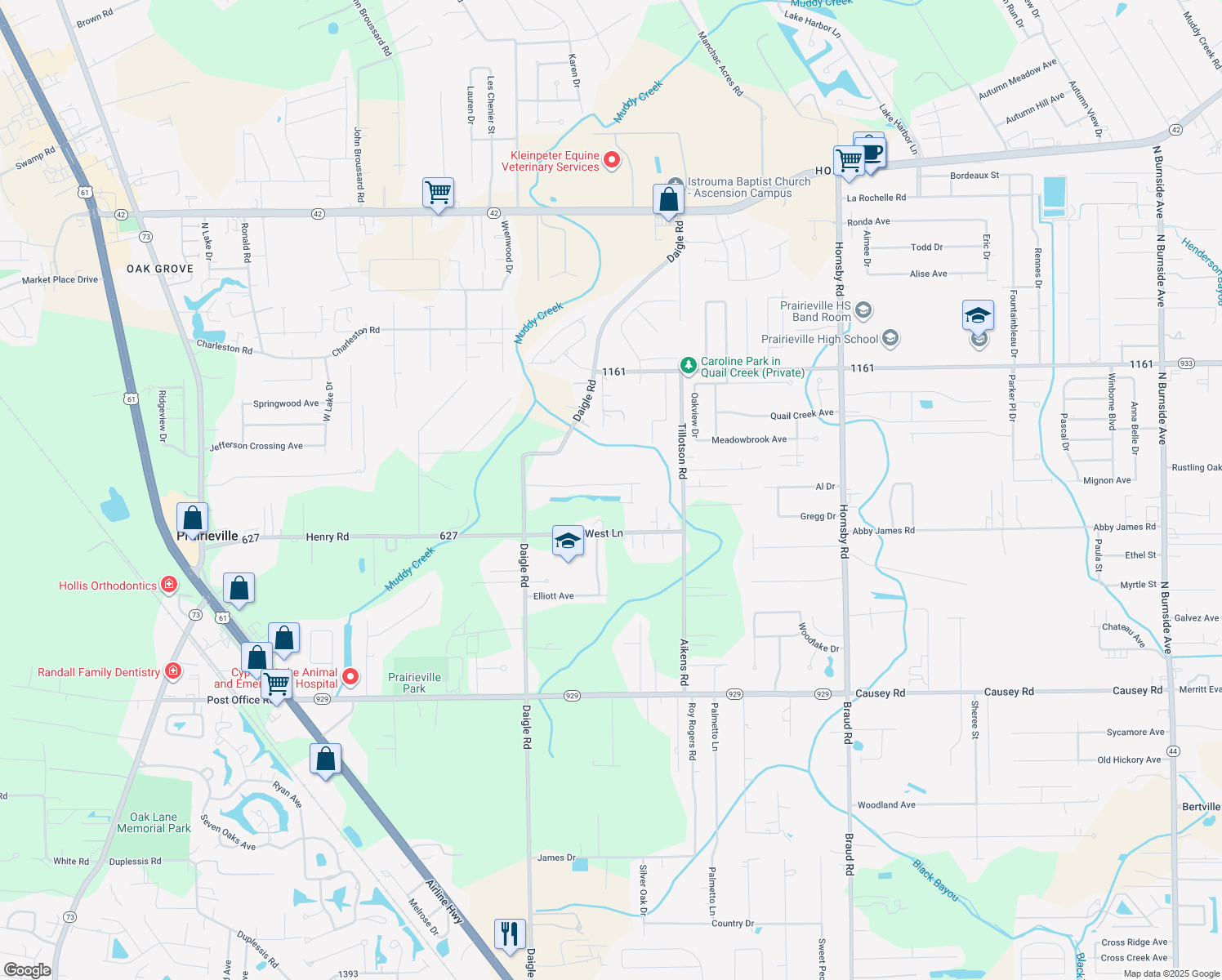 map of restaurants, bars, coffee shops, grocery stores, and more near 39143 Balmoral Drive in Prairieville