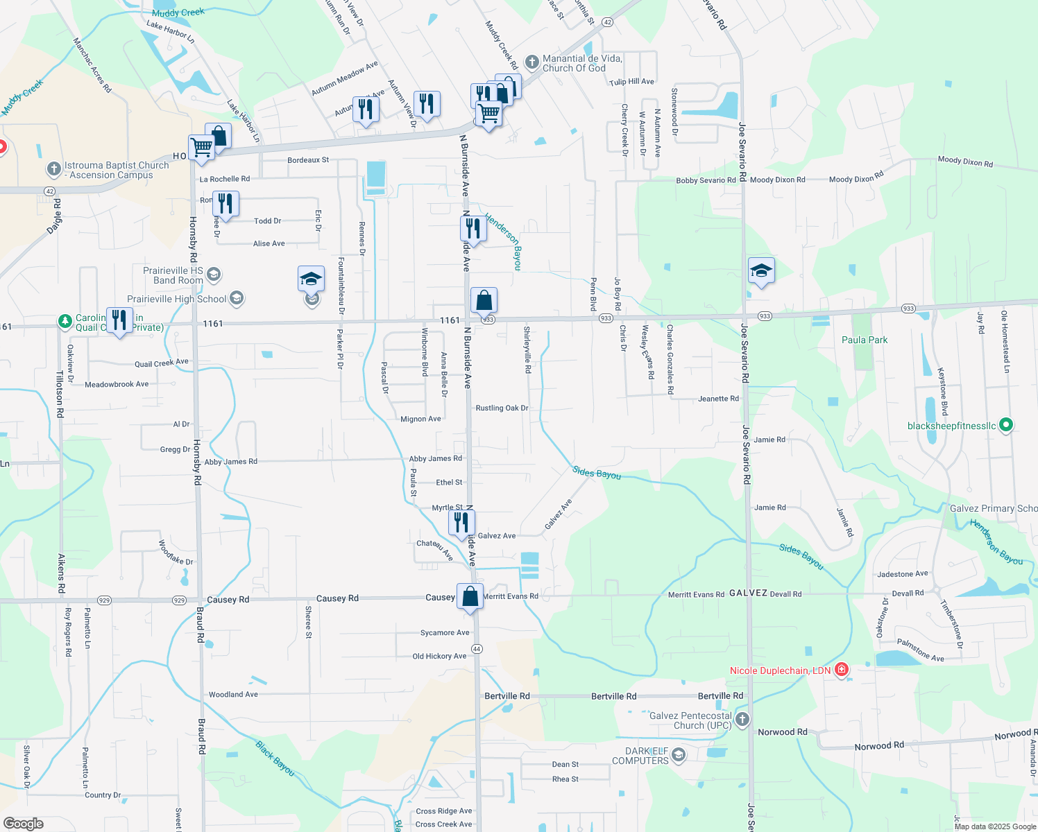 map of restaurants, bars, coffee shops, grocery stores, and more near 16357 Beech Street in Prairieville
