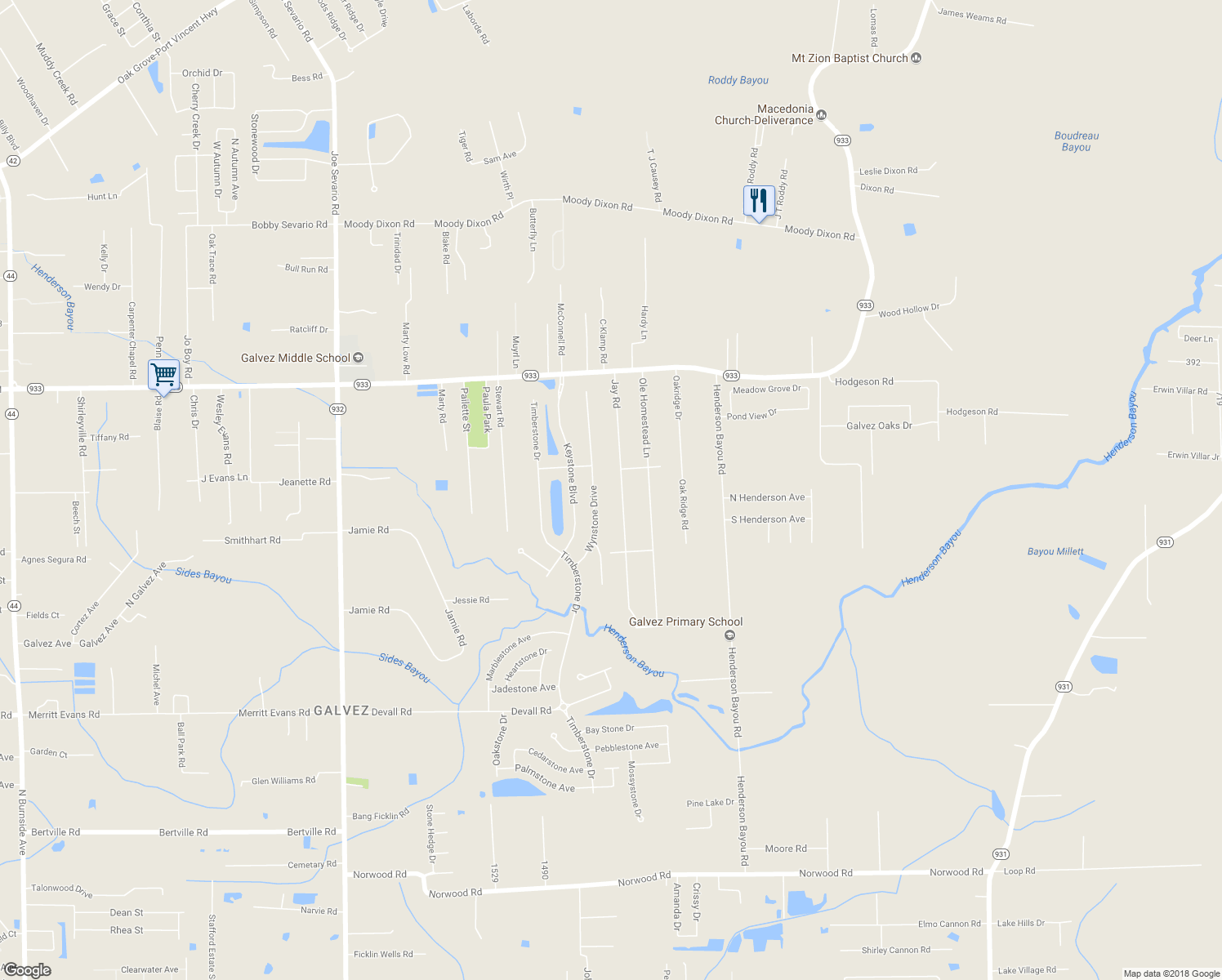 map of restaurants, bars, coffee shops, grocery stores, and more near 16371 Jay Road in Prairieville