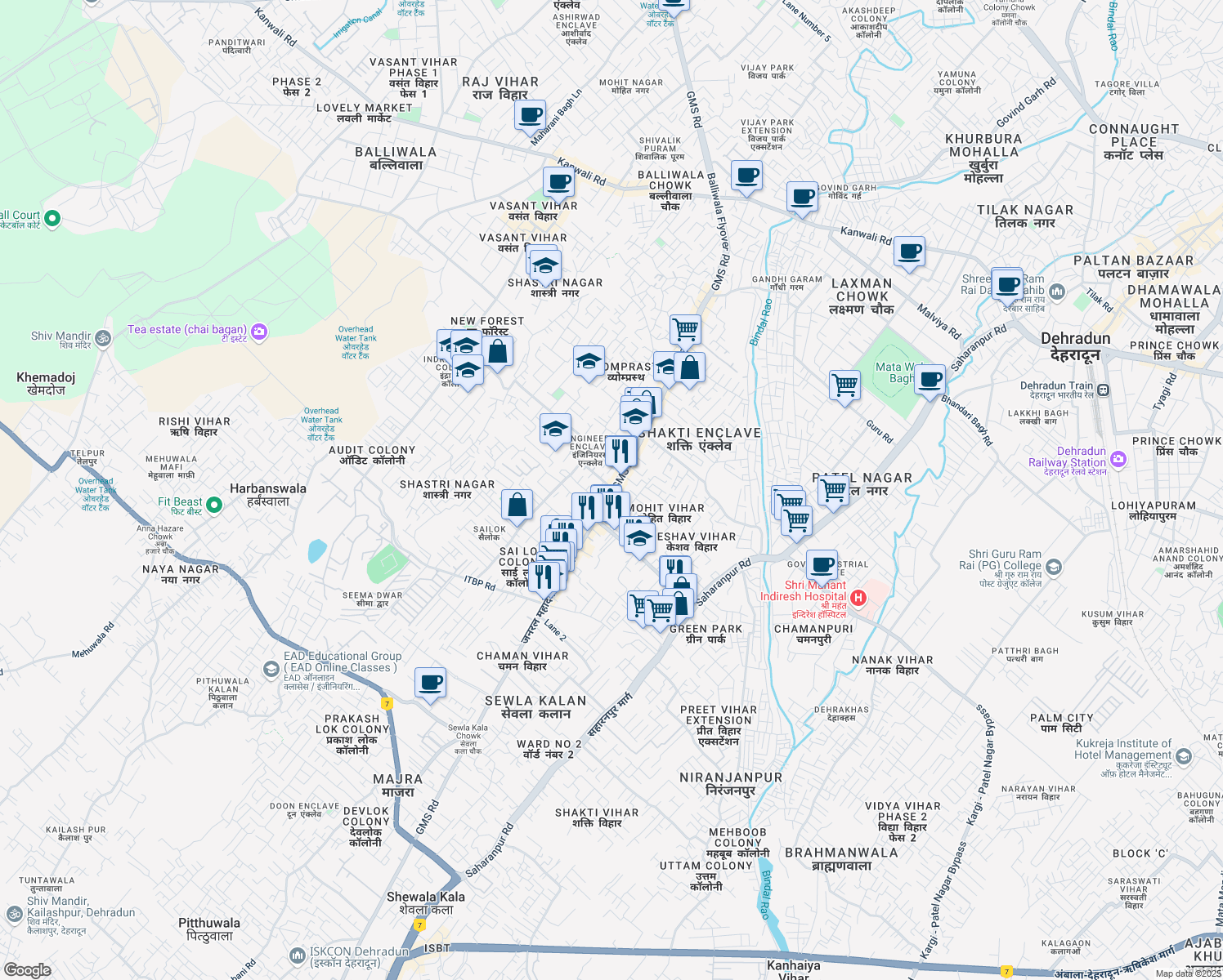 map of restaurants, bars, coffee shops, grocery stores, and more near General Mahadev Singh Road in Dehradun