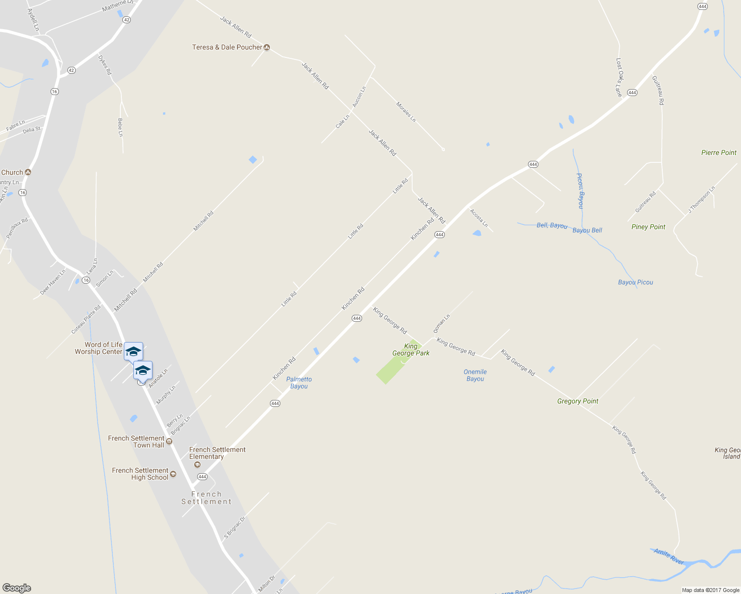 map of restaurants, bars, coffee shops, grocery stores, and more near 18281 Louisiana 444 in Livingston