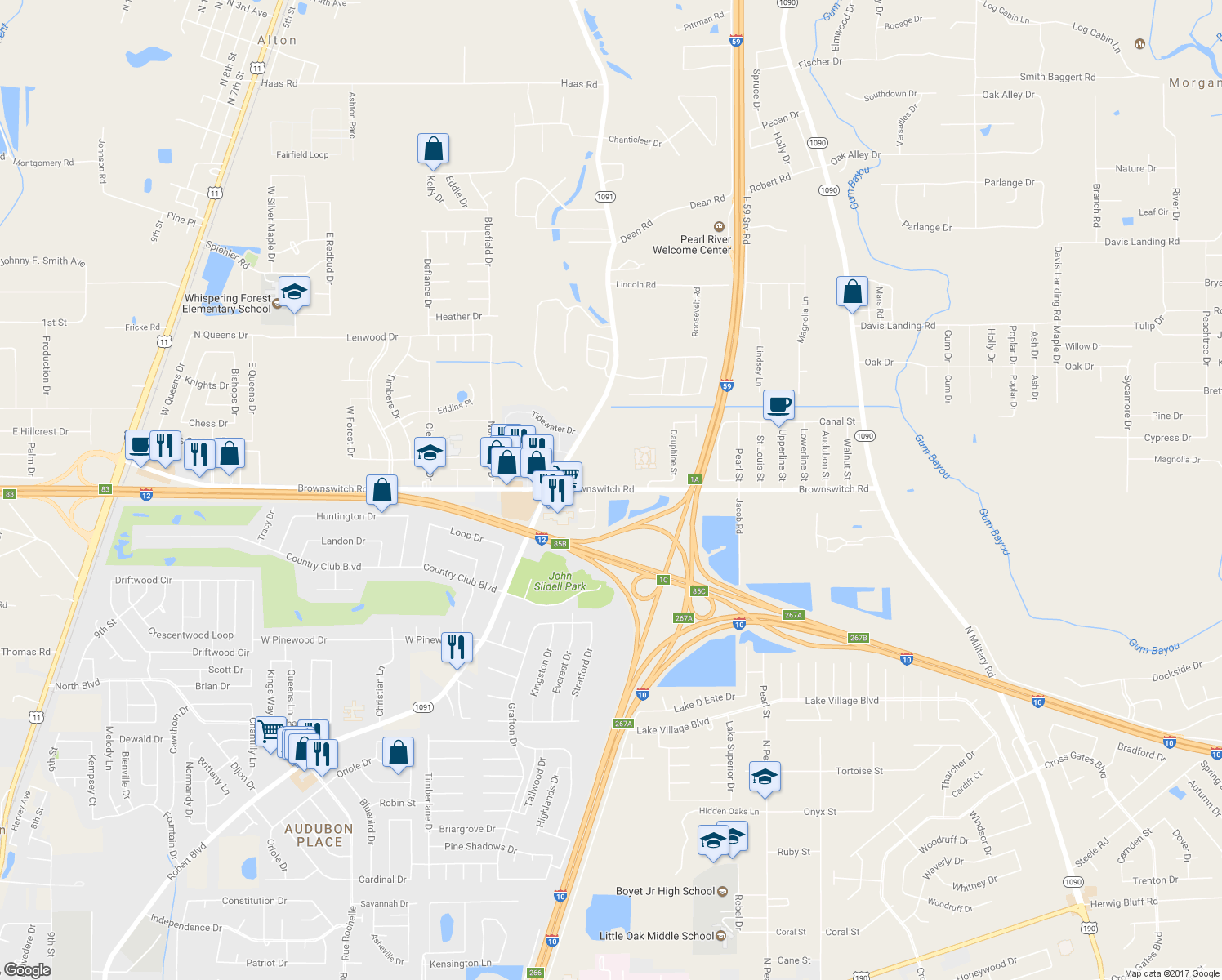 map of restaurants, bars, coffee shops, grocery stores, and more near 893 Brownswitch Road in Slidell