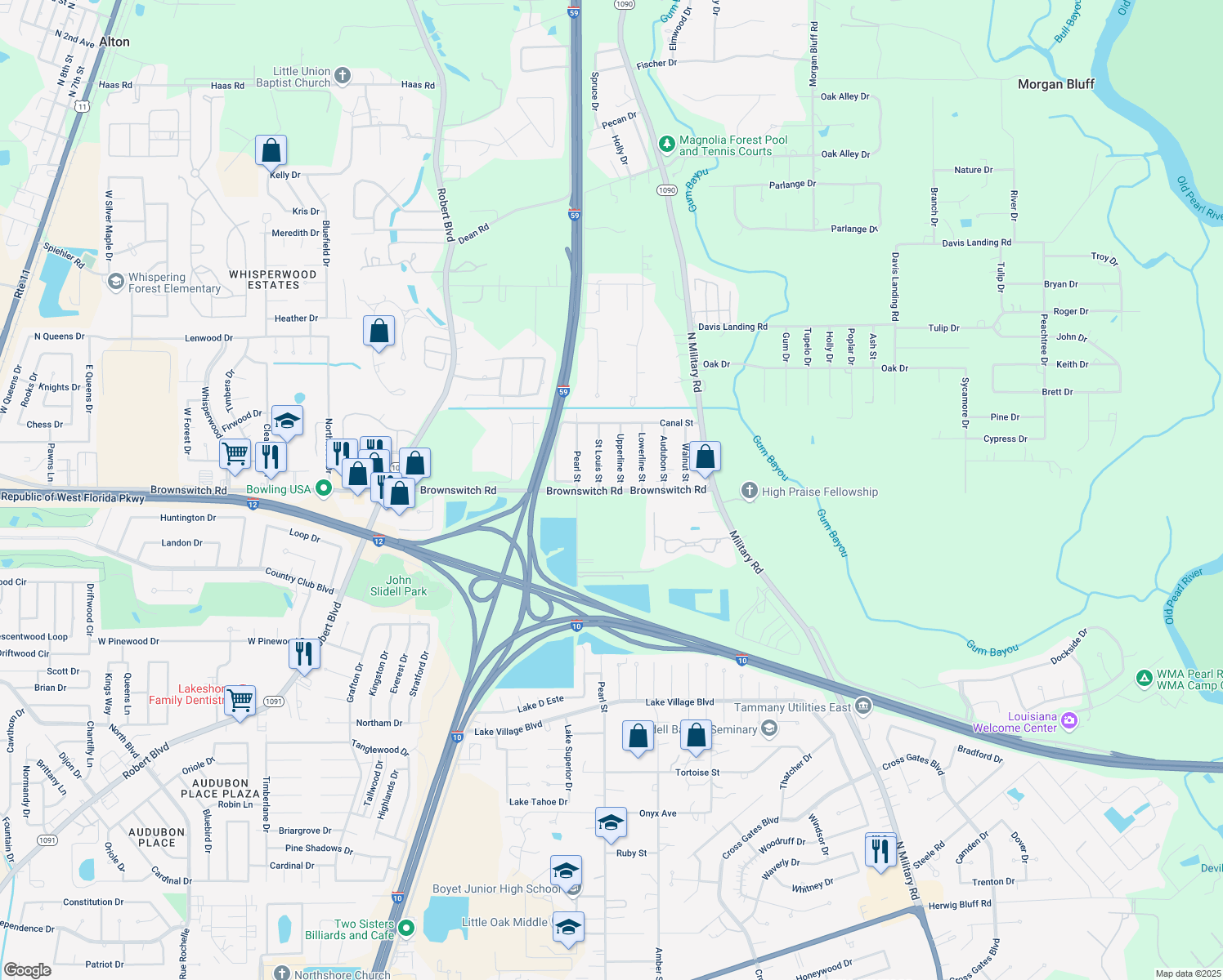 map of restaurants, bars, coffee shops, grocery stores, and more near 1174 Brownswitch Road in Slidell
