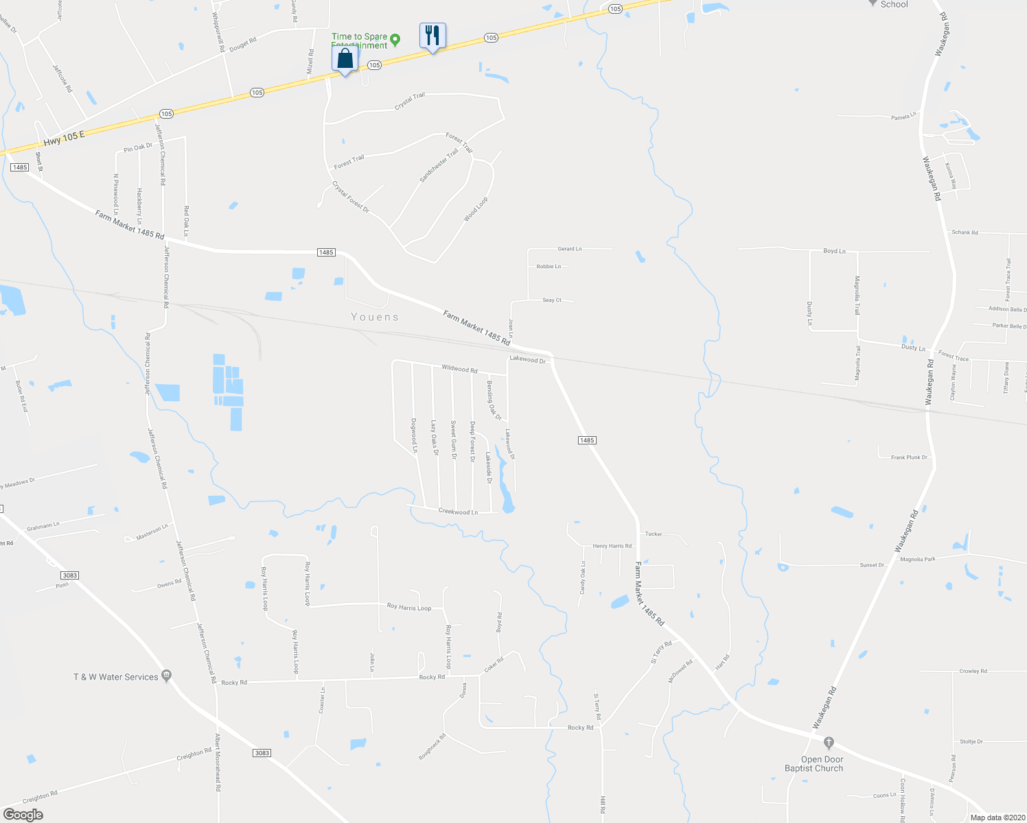 map of restaurants, bars, coffee shops, grocery stores, and more near 9791 Lakewood Drive in Conroe