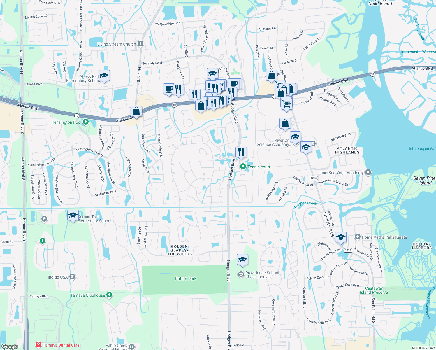 map of restaurants, bars, coffee shops, grocery stores, and more near 13109 Hackberry Way in Jacksonville