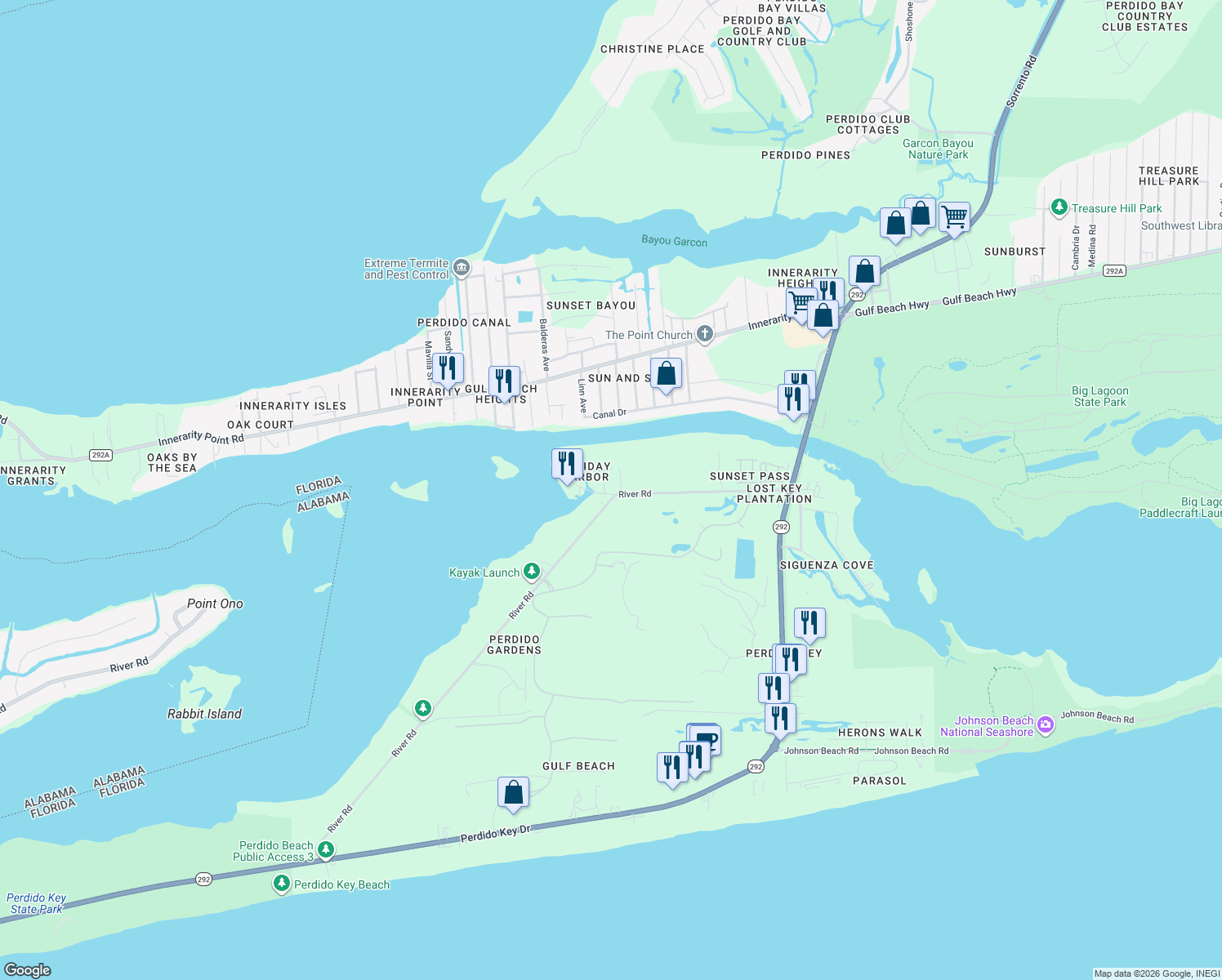 map of restaurants, bars, coffee shops, grocery stores, and more near 14010 Canal A Way in Pensacola