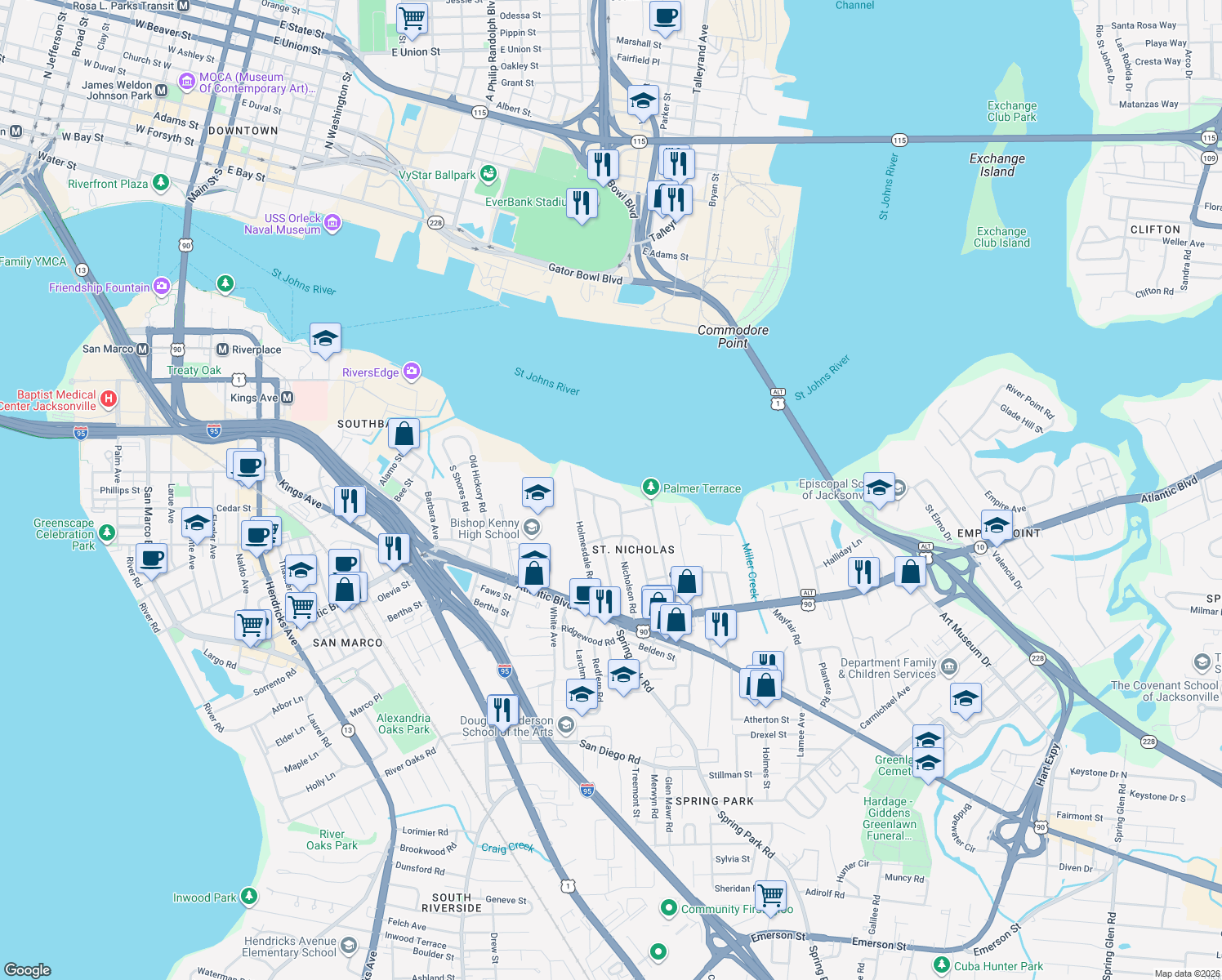 map of restaurants, bars, coffee shops, grocery stores, and more near 1133 Nicholson Road in Jacksonville