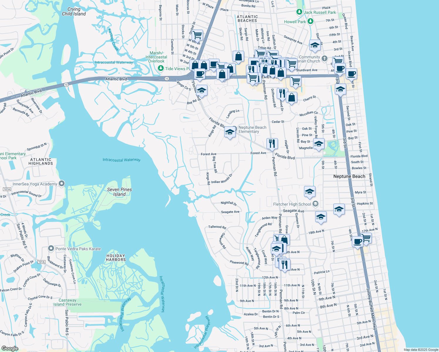 map of restaurants, bars, coffee shops, grocery stores, and more near 1500 Big Tree Road in Neptune Beach