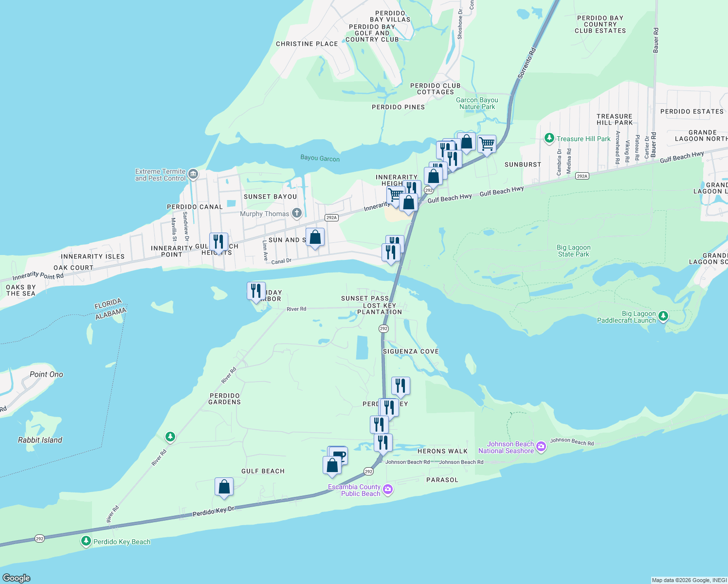 map of restaurants, bars, coffee shops, grocery stores, and more near 6049 Elysian Ave in Pensacola