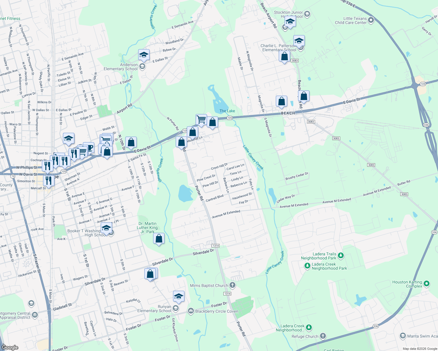 map of restaurants, bars, coffee shops, grocery stores, and more near 901 Timber Hill Dr in Conroe