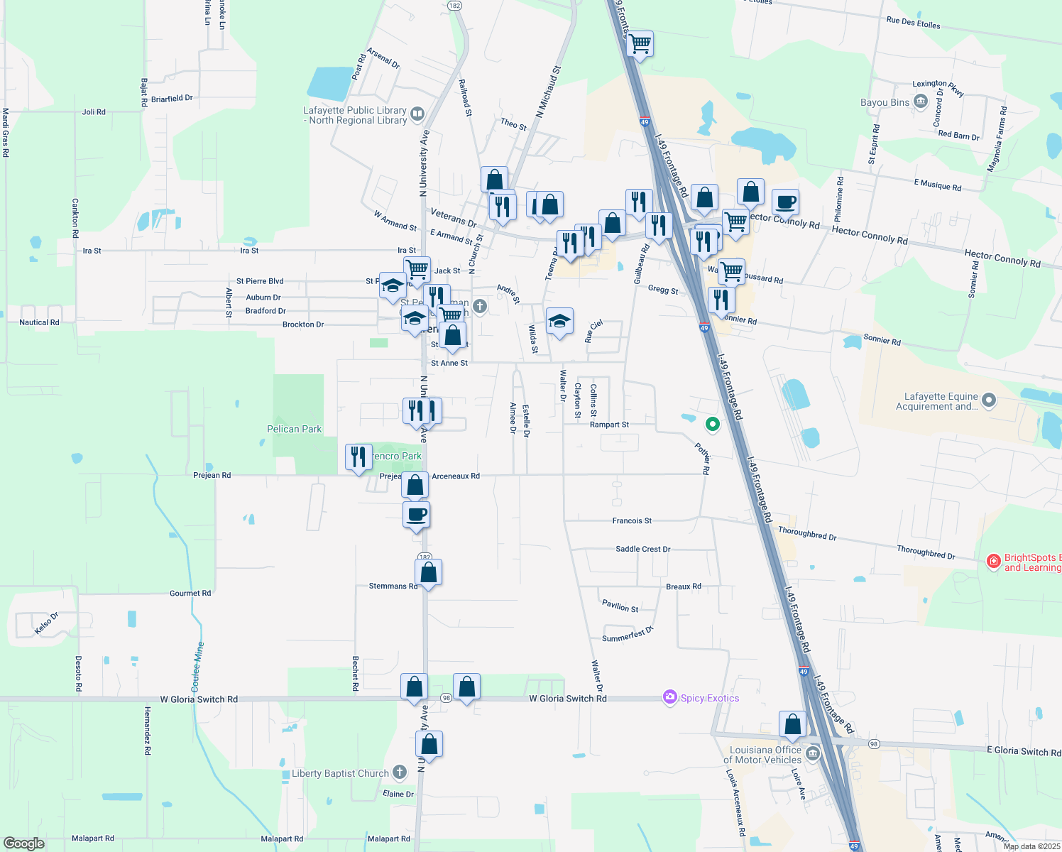 map of restaurants, bars, coffee shops, grocery stores, and more near 309 Estelle Drive in Carencro
