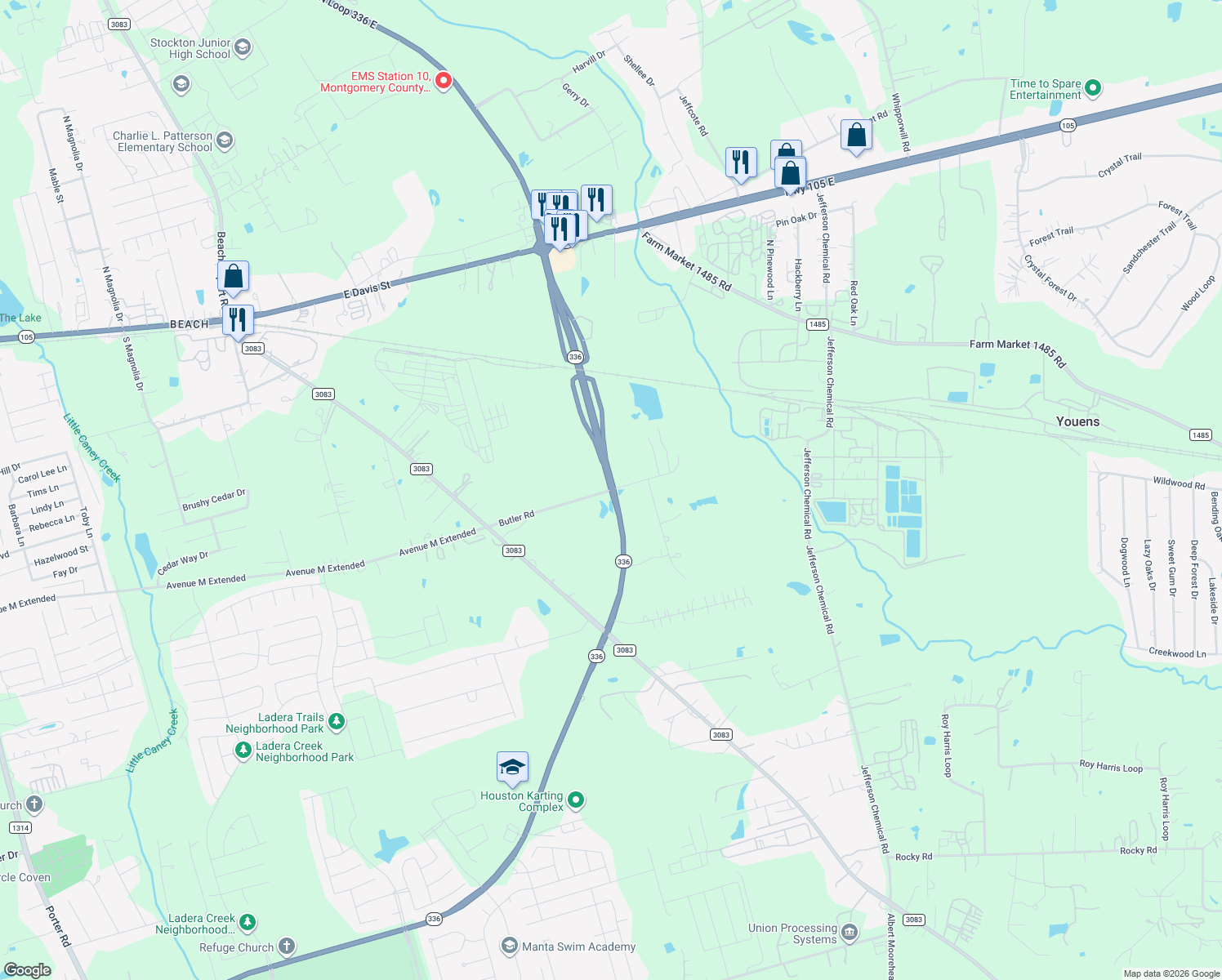 map of restaurants, bars, coffee shops, grocery stores, and more near Ave M in Conroe