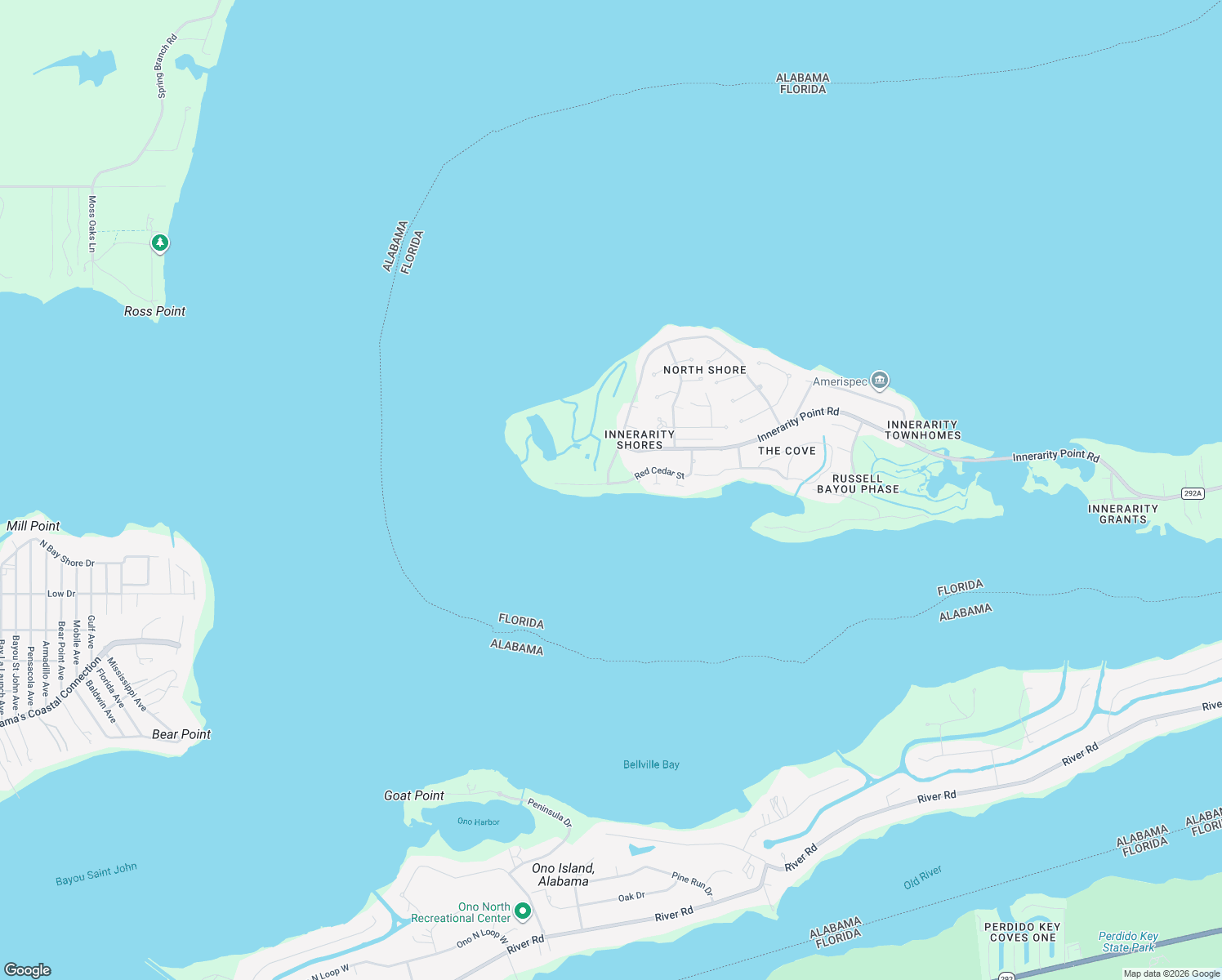 map of restaurants, bars, coffee shops, grocery stores, and more near 5870 Red Cedar Street in Pensacola