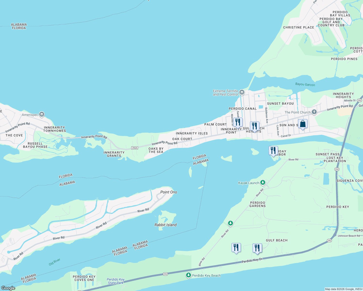 map of restaurants, bars, coffee shops, grocery stores, and more near 14665 Innerarity Point Road in Pensacola