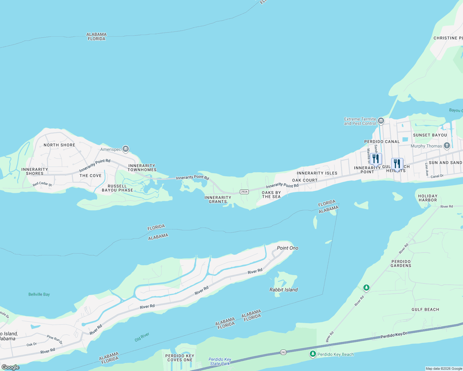 map of restaurants, bars, coffee shops, grocery stores, and more near 14918 Monrovia Street in Pensacola