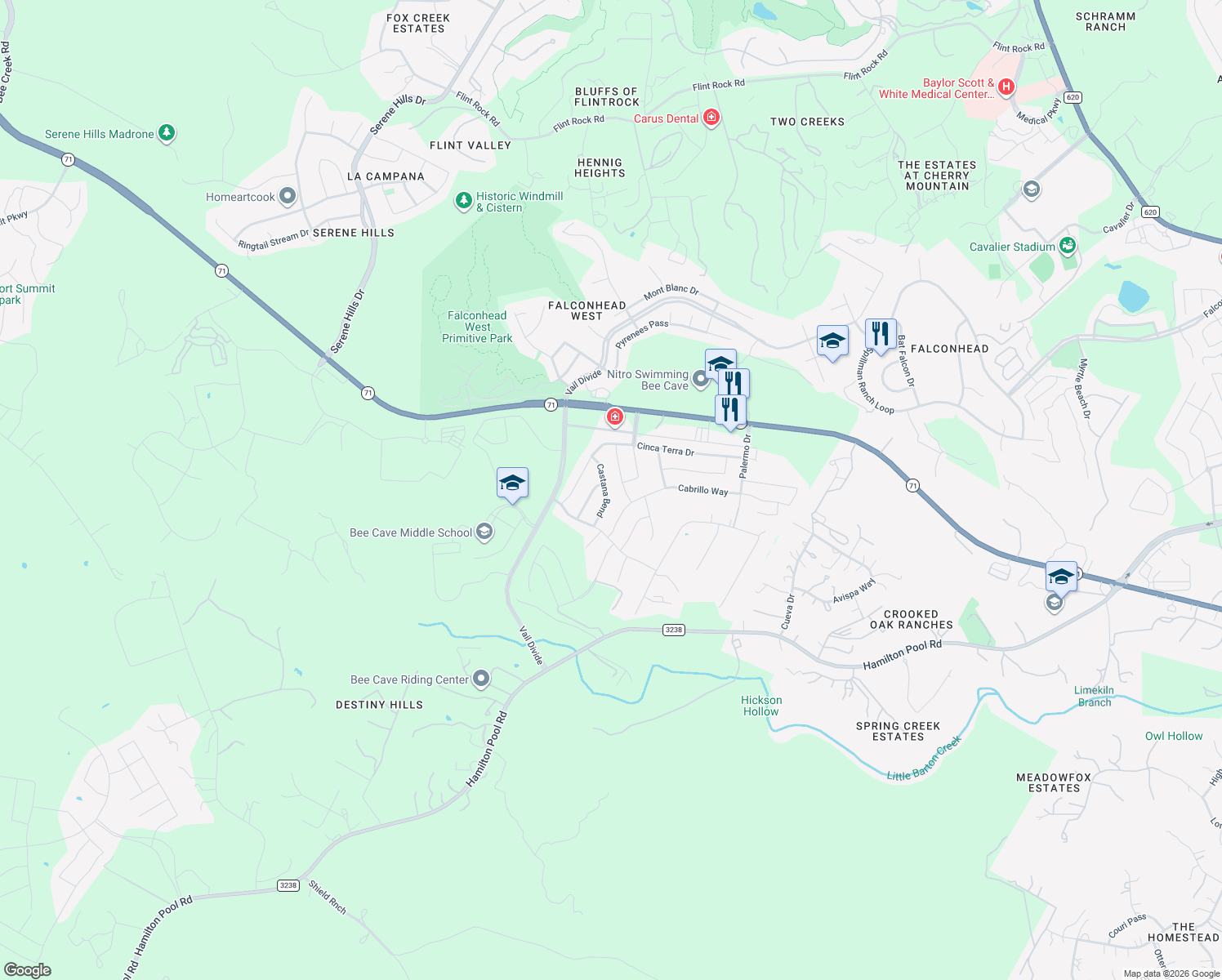 map of restaurants, bars, coffee shops, grocery stores, and more near Castana Bend in Spicewood