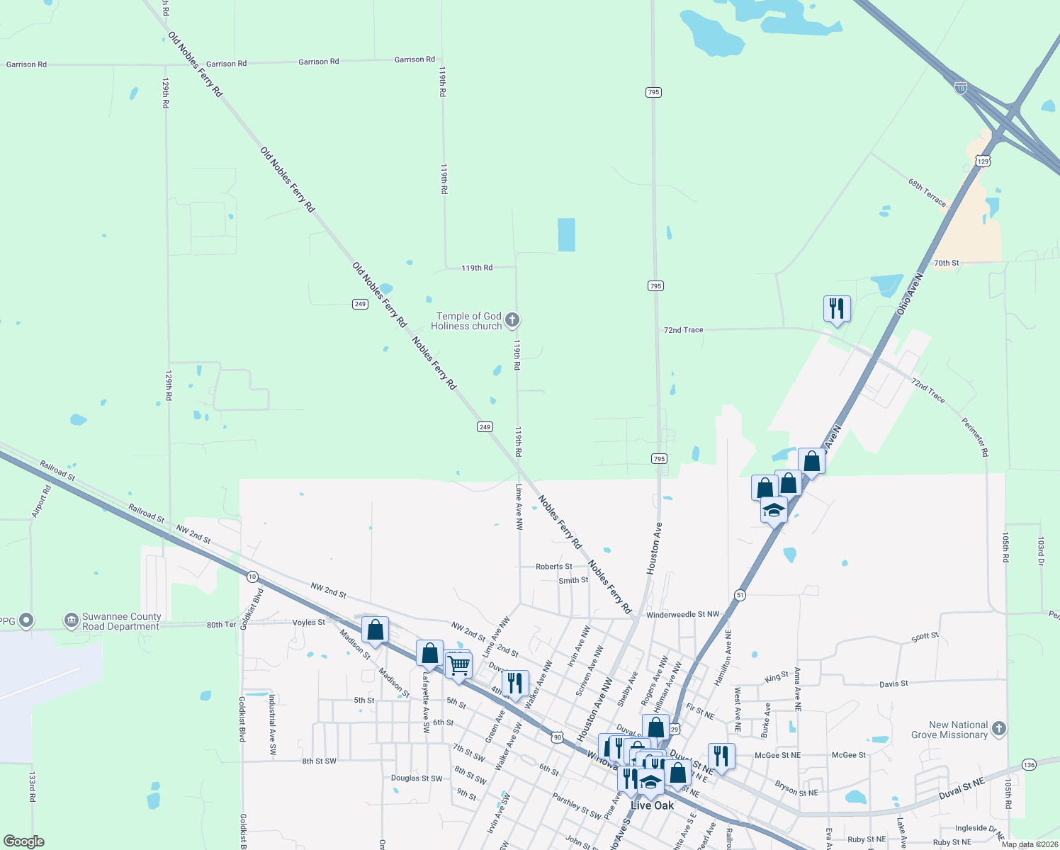 map of restaurants, bars, coffee shops, grocery stores, and more near 7414 119th Rd in Live Oak