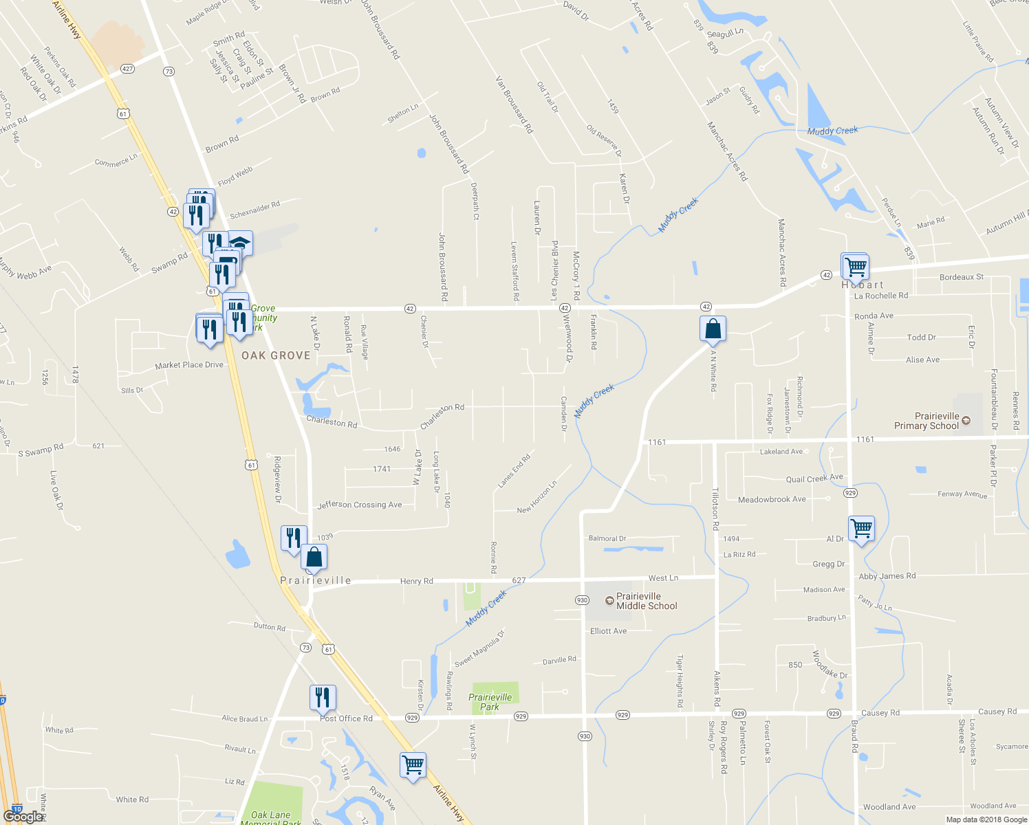 map of restaurants, bars, coffee shops, grocery stores, and more near 38447 Charleston Road in Prairieville