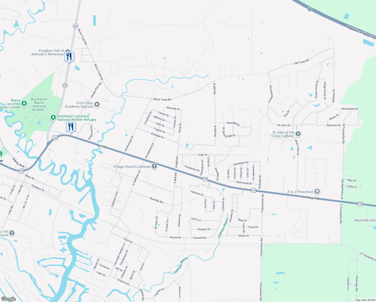 map of restaurants, bars, coffee shops, grocery stores, and more near 61192 North Mill Road in Lacombe
