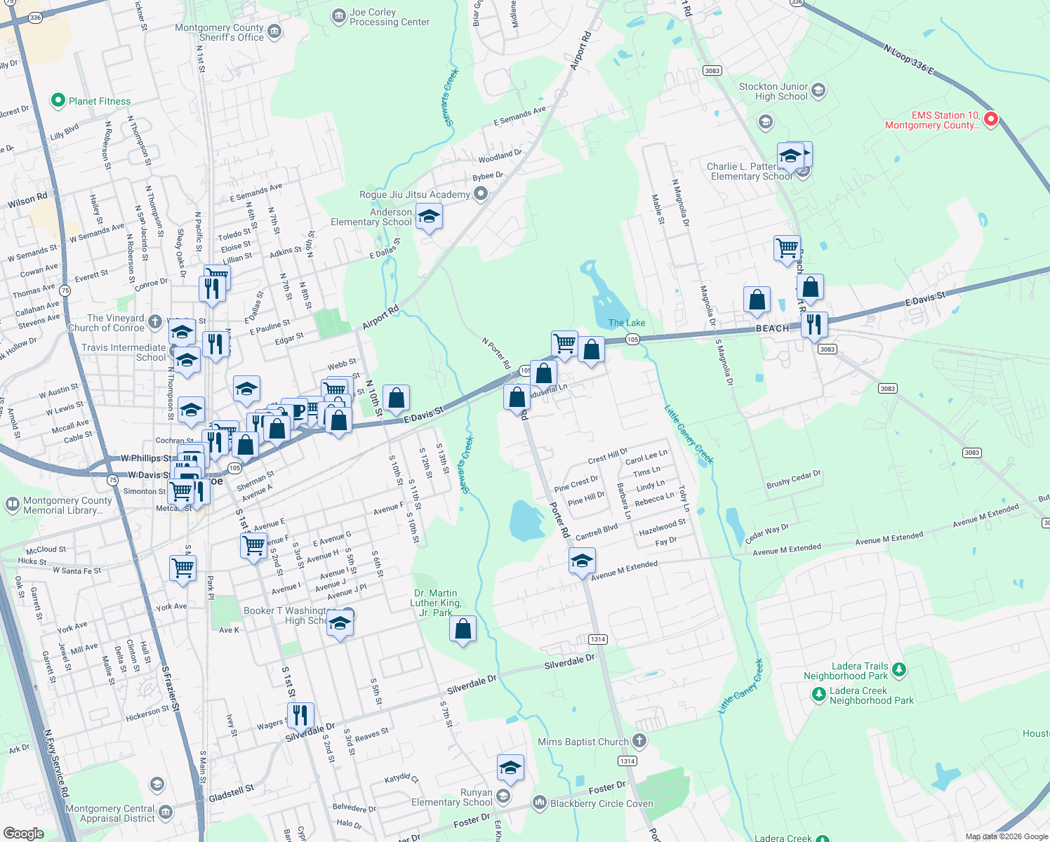 map of restaurants, bars, coffee shops, grocery stores, and more near 213 Porter Road in Conroe