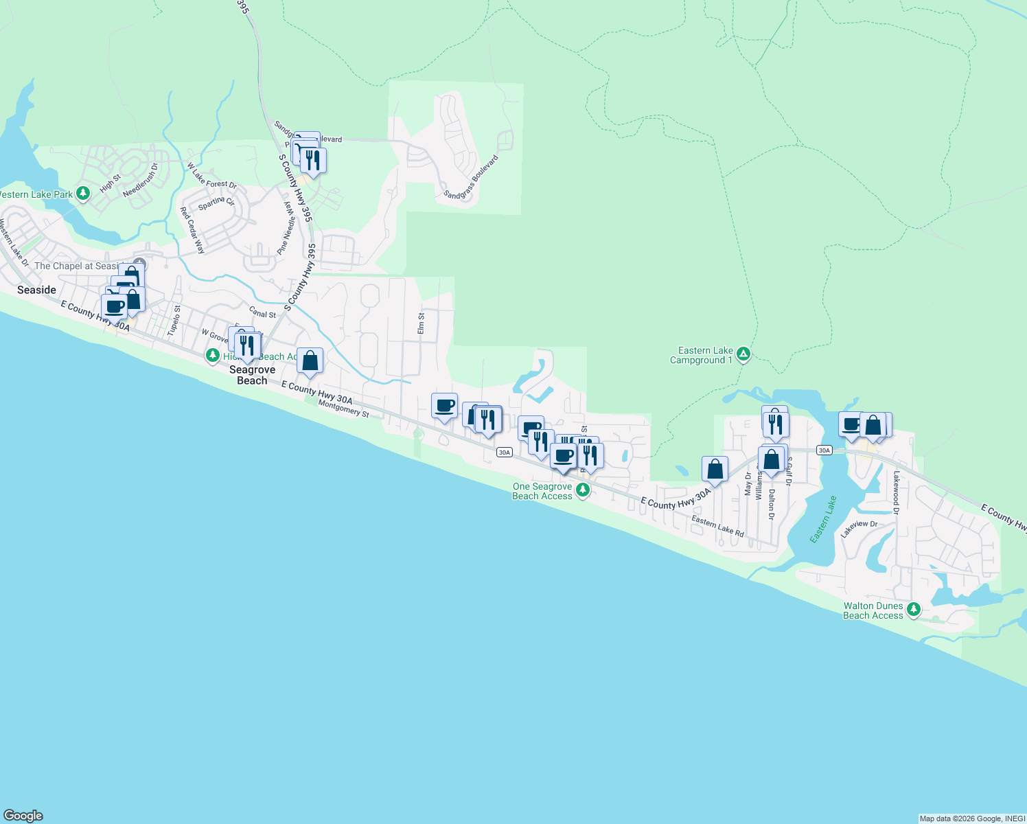 map of restaurants, bars, coffee shops, grocery stores, and more near 27 Old Mill Road in Santa Rosa Beach