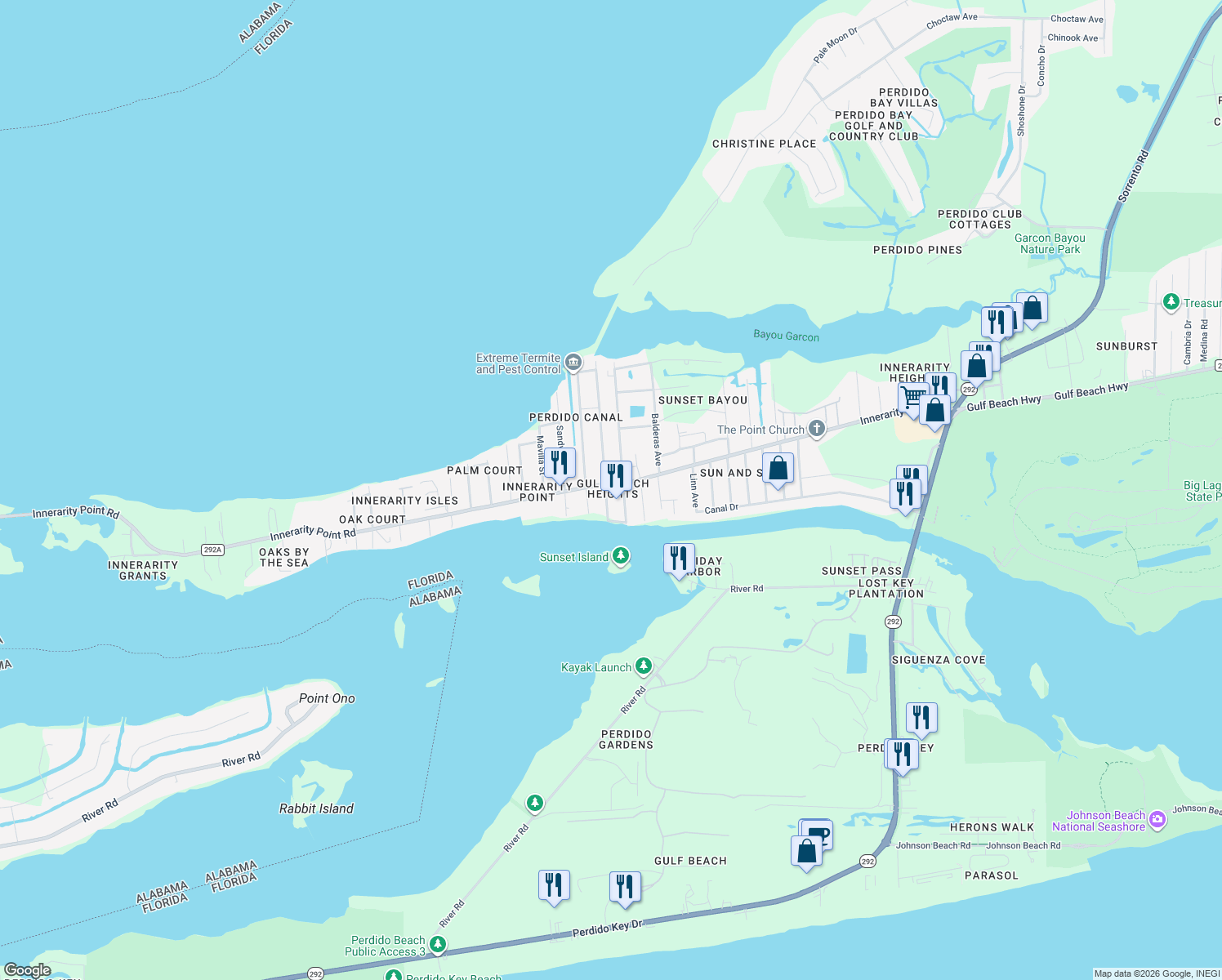map of restaurants, bars, coffee shops, grocery stores, and more near 5800 Cruzat Way in Pensacola