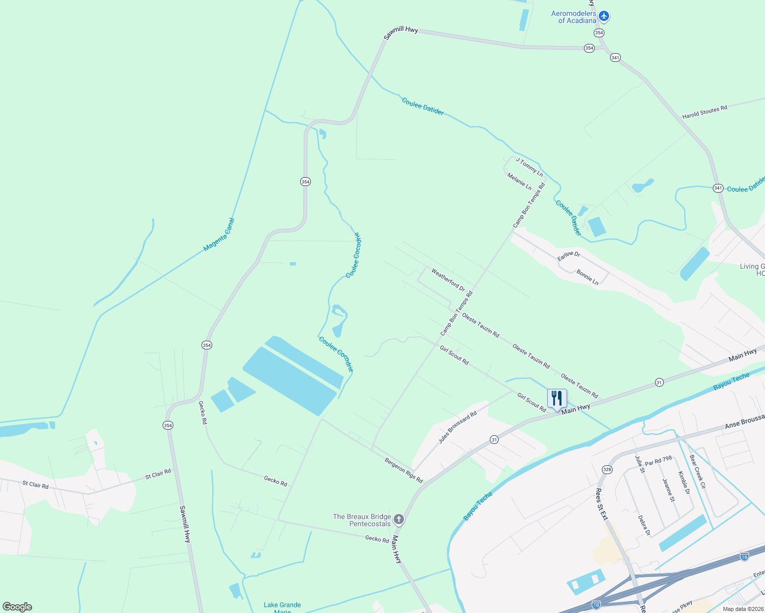 map of restaurants, bars, coffee shops, grocery stores, and more near 1121 Camp Bon Temps Rd in Breaux Bridge