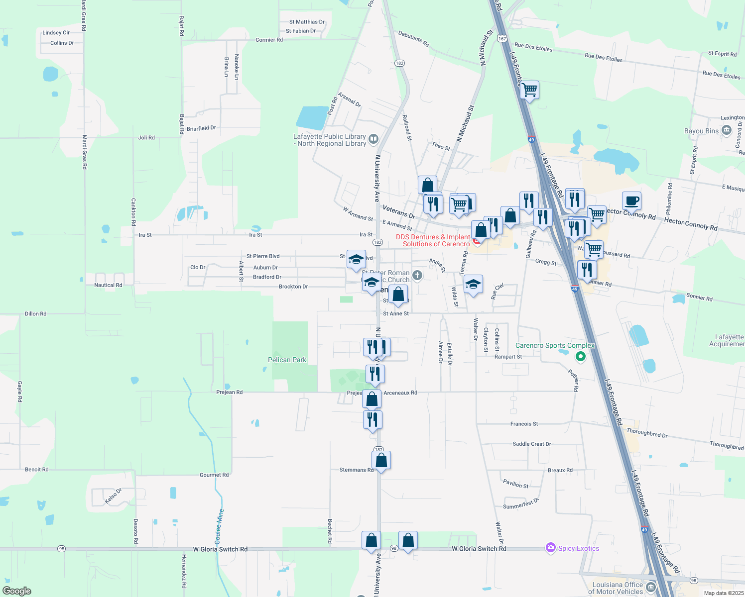 map of restaurants, bars, coffee shops, grocery stores, and more near 4301 North University Avenue in Carencro