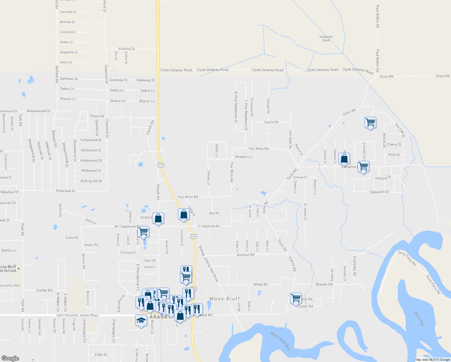 map of restaurants, bars, coffee shops, grocery stores, and more near 720 You Winn Road in Lake Charles