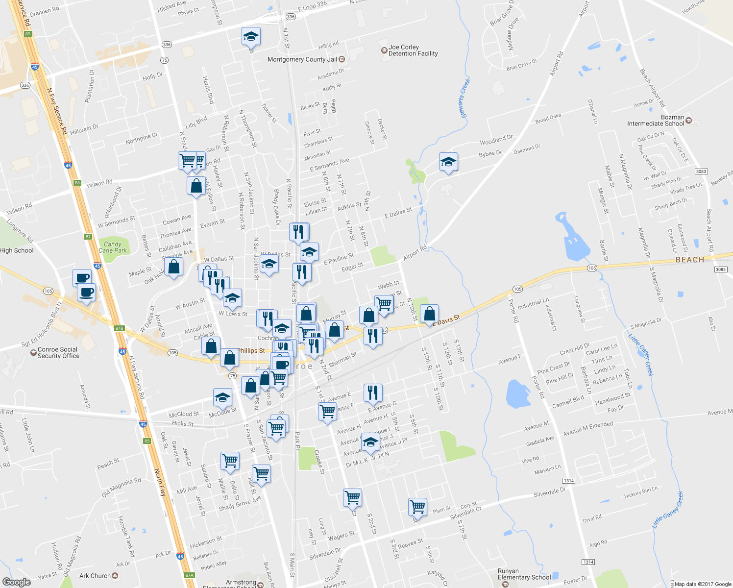 map of restaurants, bars, coffee shops, grocery stores, and more near 711 North 7th Street in Conroe