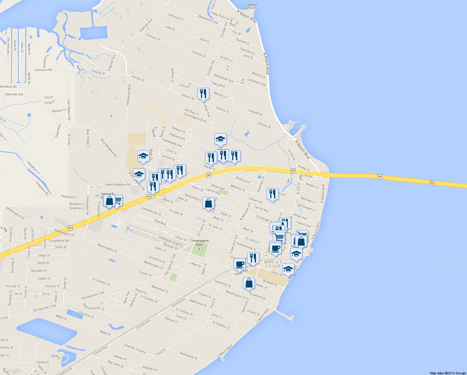 map of restaurants, bars, coffee shops, grocery stores, and more near 436 Webster Street in Bay St. Louis