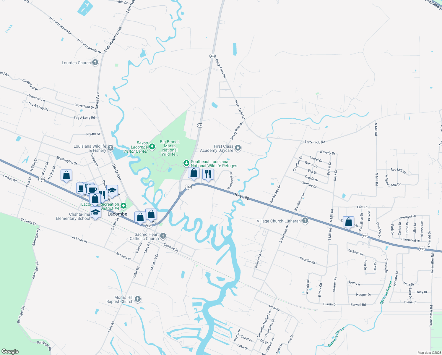 map of restaurants, bars, coffee shops, grocery stores, and more near 61060 Dogwood Drive in Lacombe