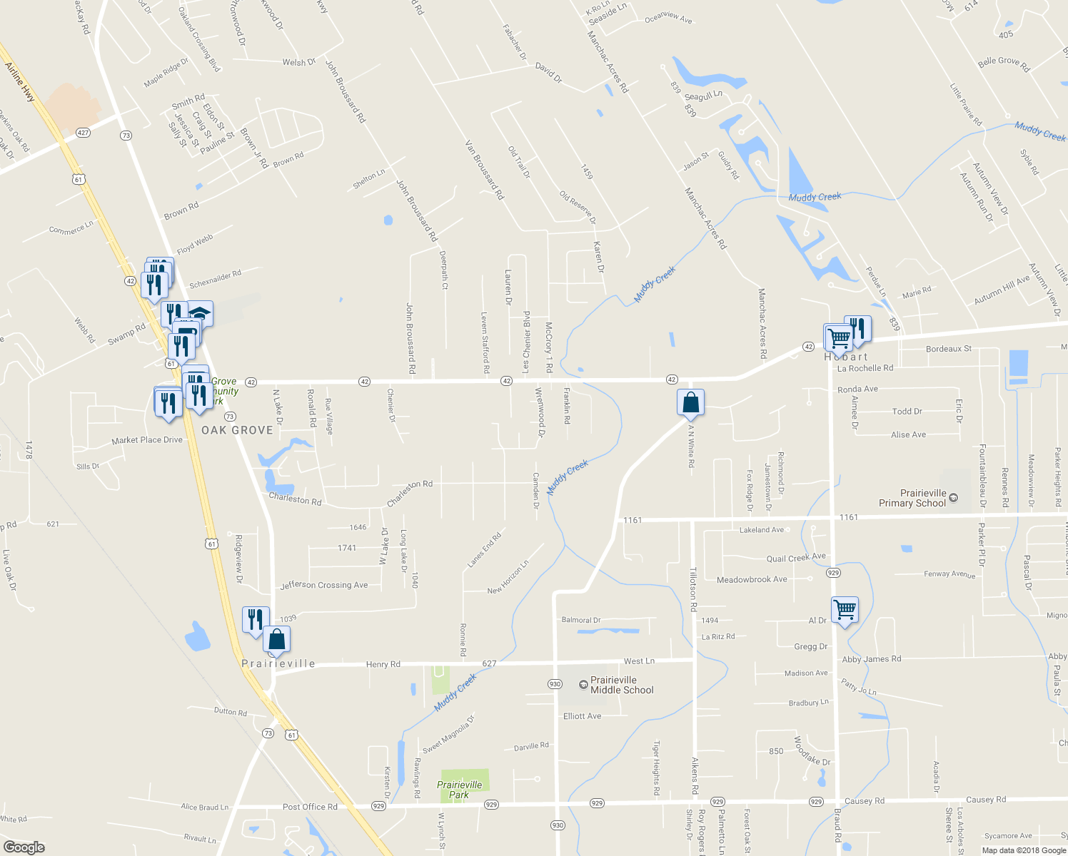 map of restaurants, bars, coffee shops, grocery stores, and more near 38562 Cardinal Court in Prairieville