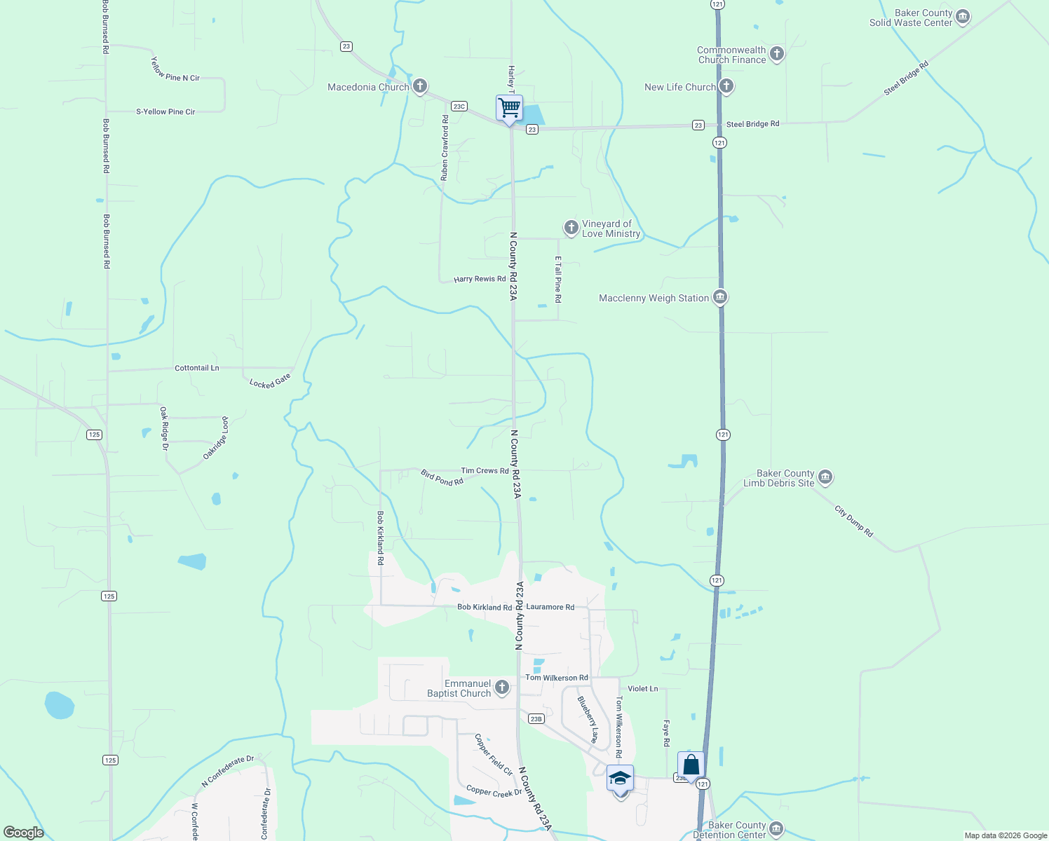 map of restaurants, bars, coffee shops, grocery stores, and more near 13293 North County Road 23A in Macclenny