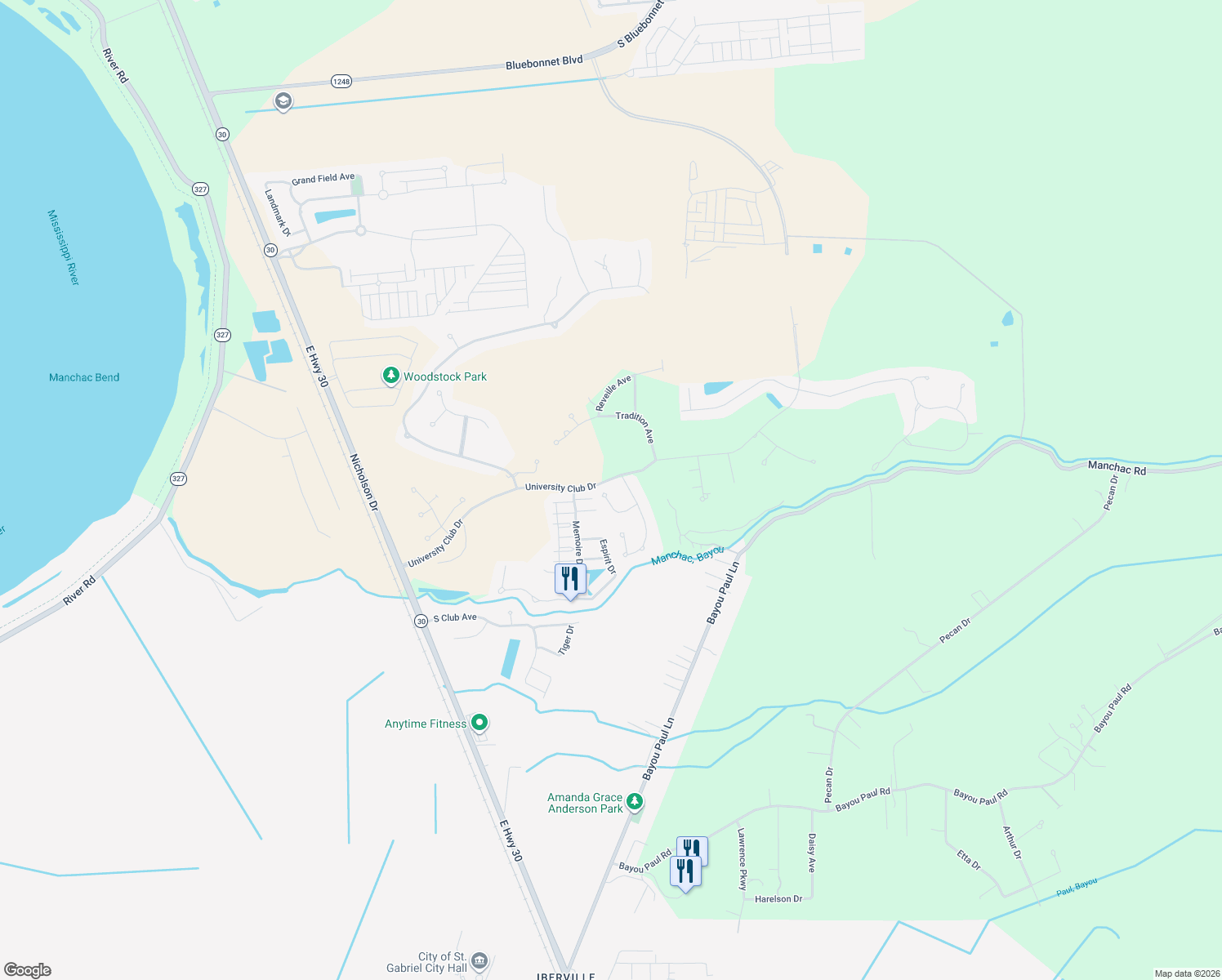 map of restaurants, bars, coffee shops, grocery stores, and more near 15213 Lockett Lane in Baton Rouge