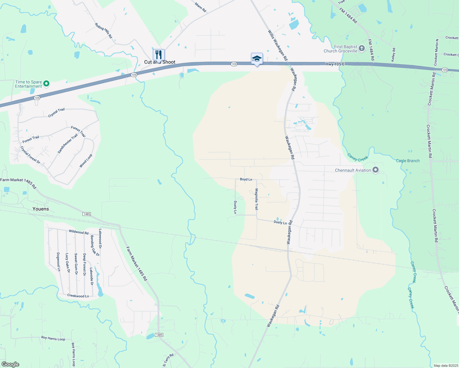 map of restaurants, bars, coffee shops, grocery stores, and more near 6602 Dusty Lane in Conroe