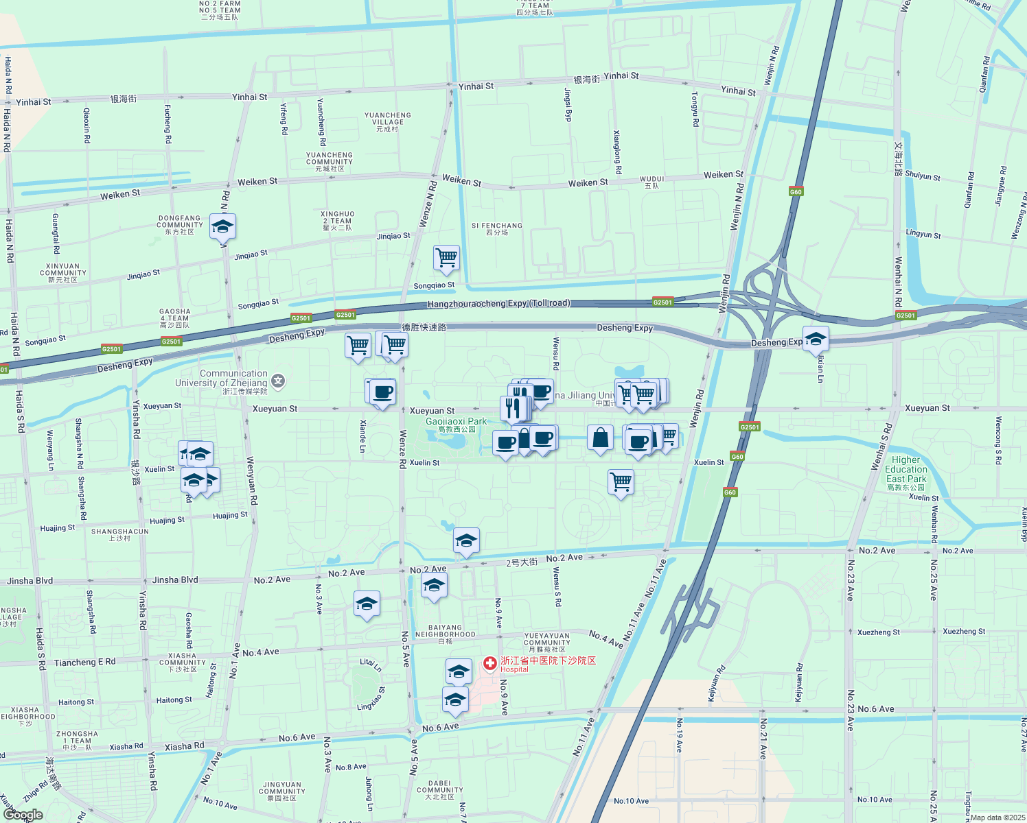 map of restaurants, bars, coffee shops, grocery stores, and more near Xue Yuan Jie in Hang Zhou Shi