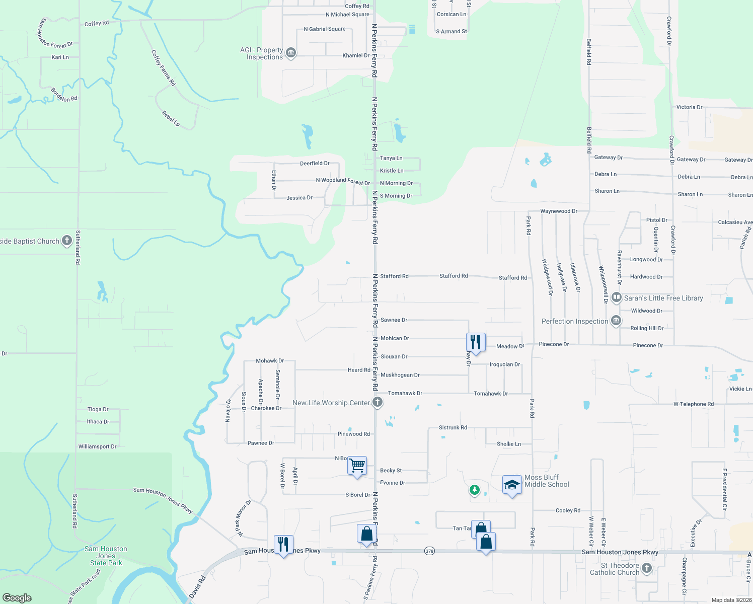map of restaurants, bars, coffee shops, grocery stores, and more near 1599 E Leichty Rd in Moss Bluff