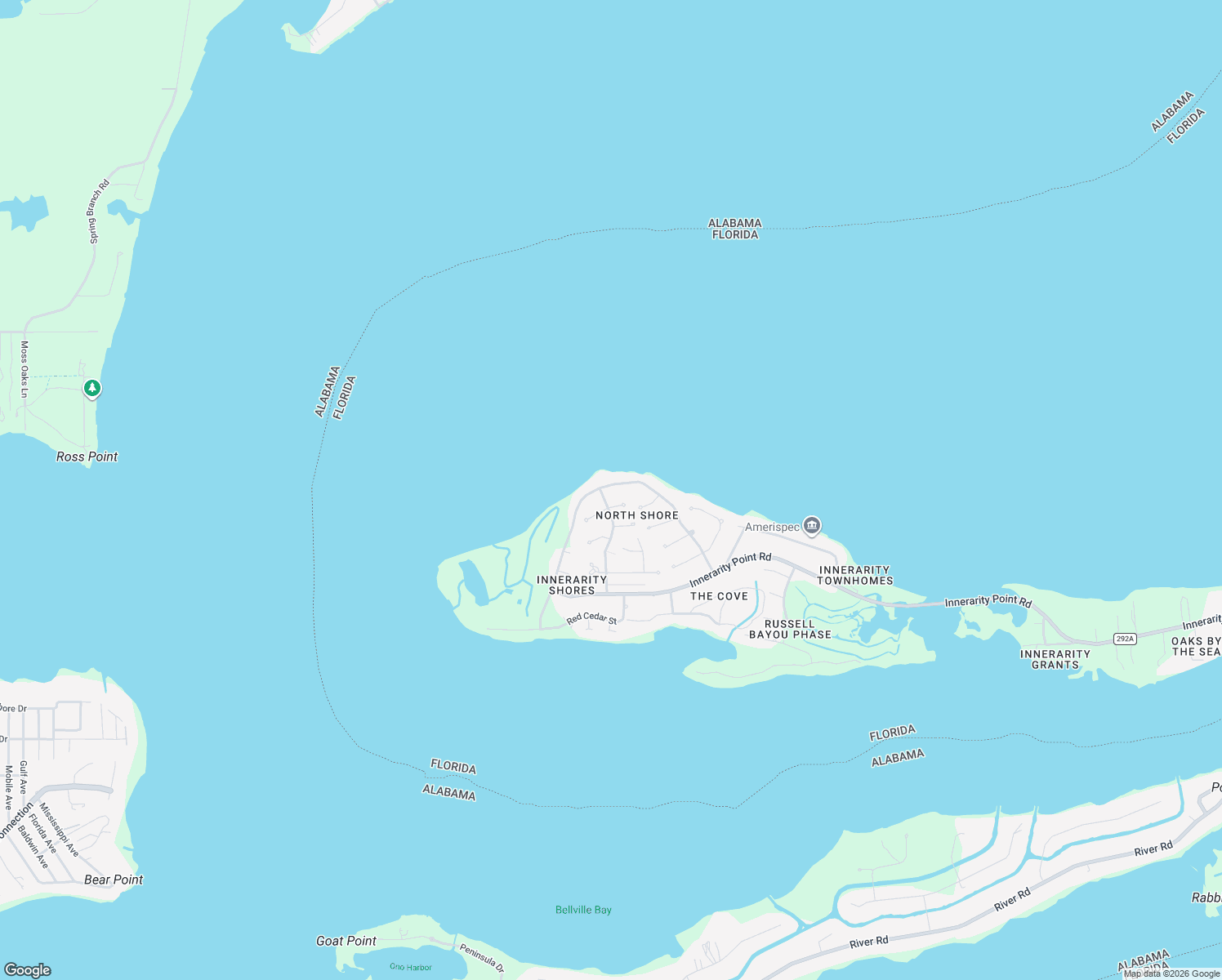 map of restaurants, bars, coffee shops, grocery stores, and more near 5451 North Shore Road in Pensacola