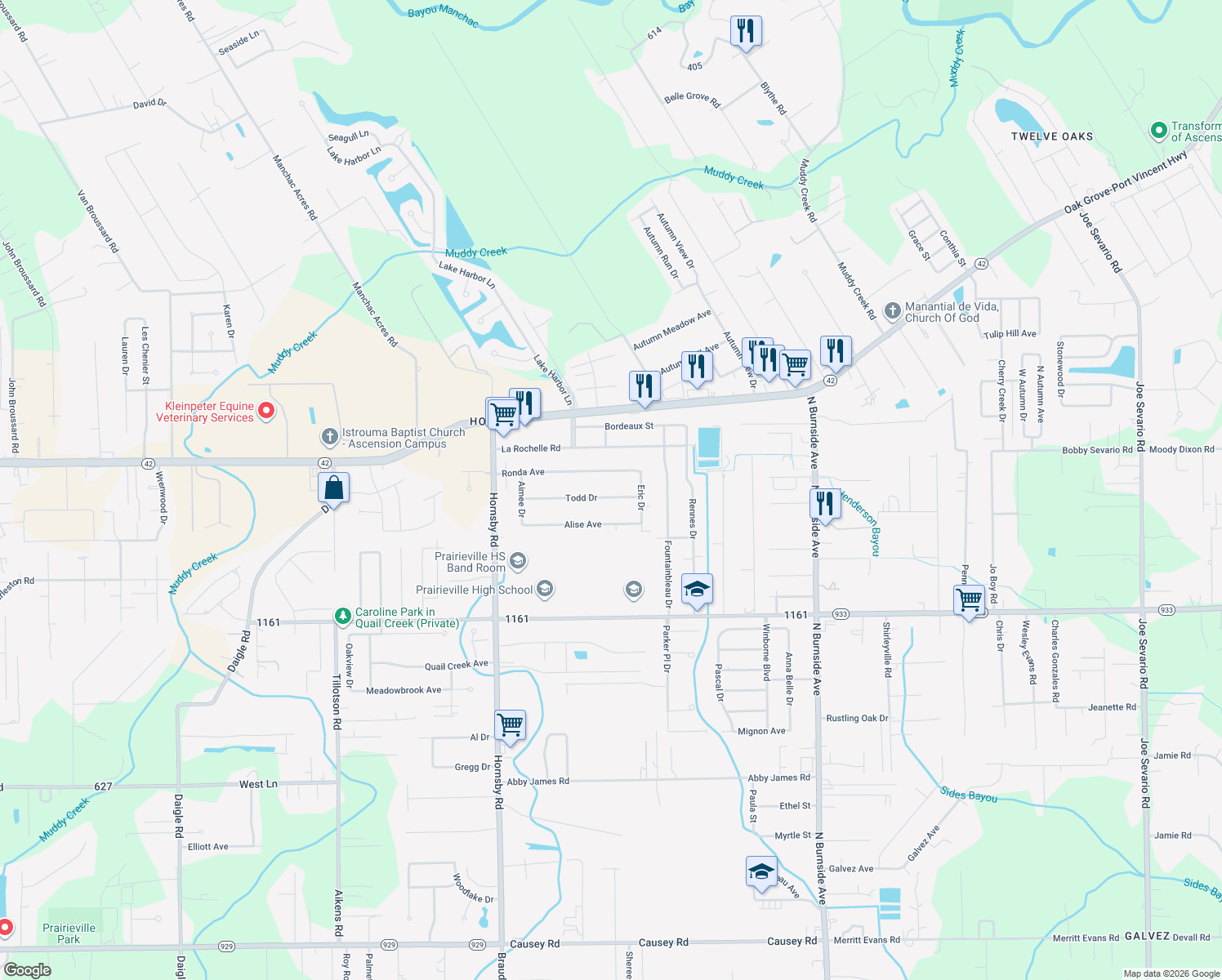 map of restaurants, bars, coffee shops, grocery stores, and more near 40200 Todd Drive in Prairieville