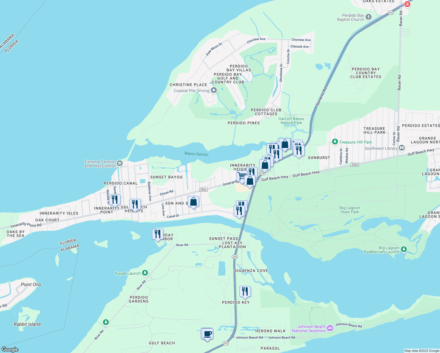 map of restaurants, bars, coffee shops, grocery stores, and more near 5500 Custer Drive in Pensacola