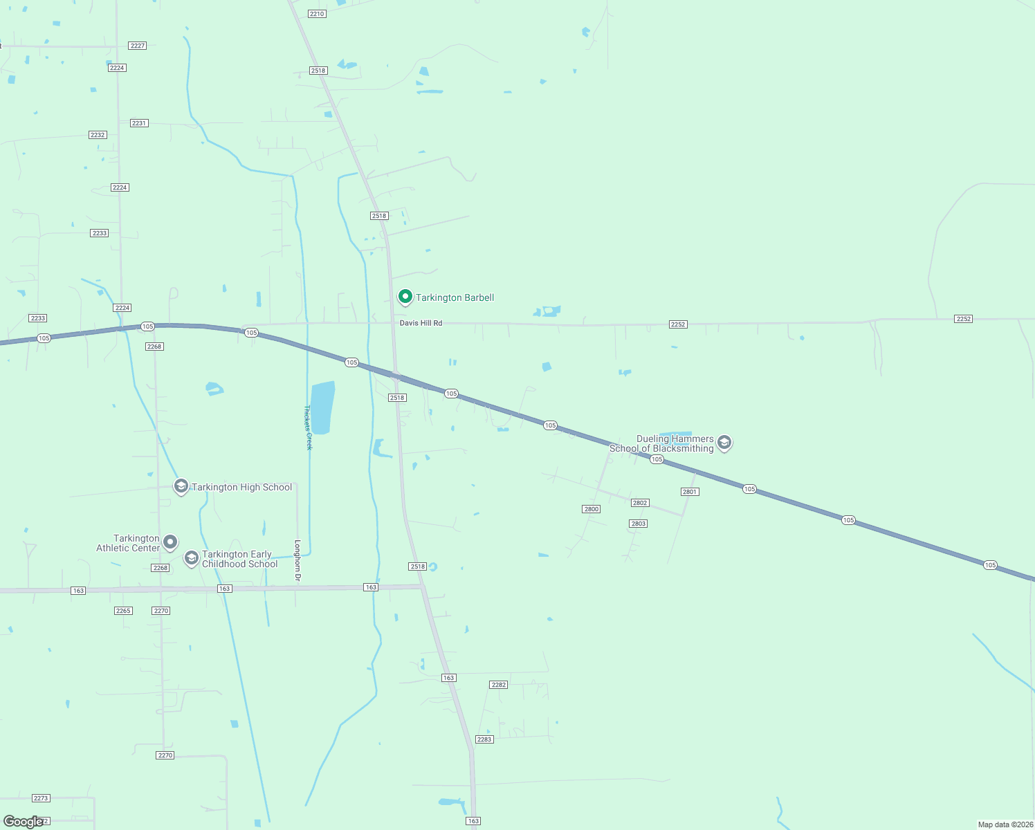 map of restaurants, bars, coffee shops, grocery stores, and more near Texas 105 in Cleveland