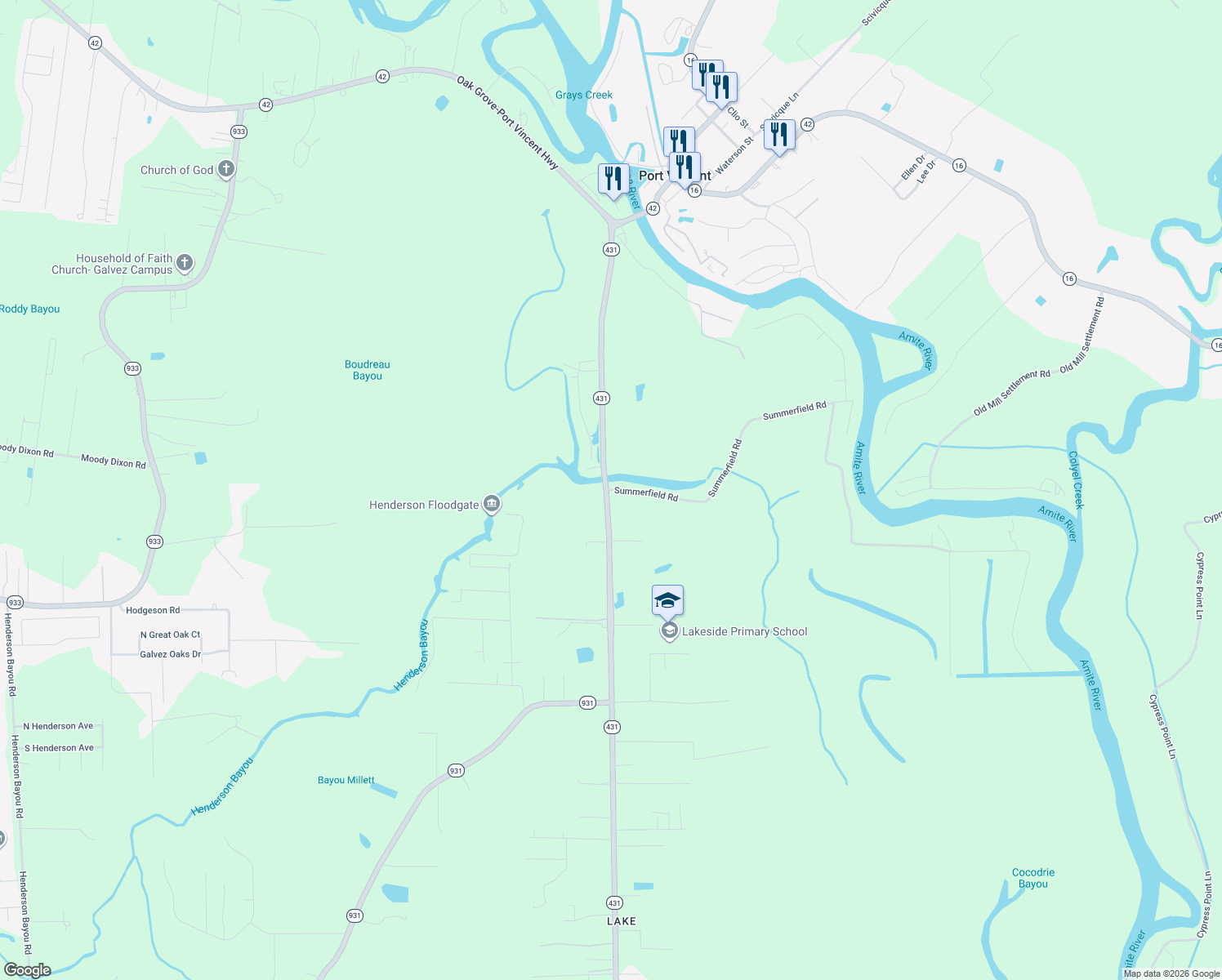 map of restaurants, bars, coffee shops, grocery stores, and more near 17523 Summerfield Road in Prairieville