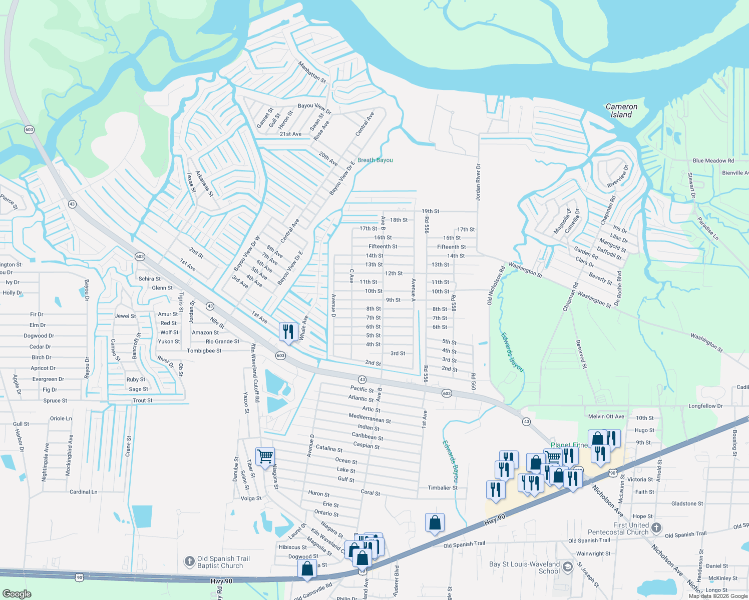map of restaurants, bars, coffee shops, grocery stores, and more near 4085-4199 9th Street in Bay St. Louis