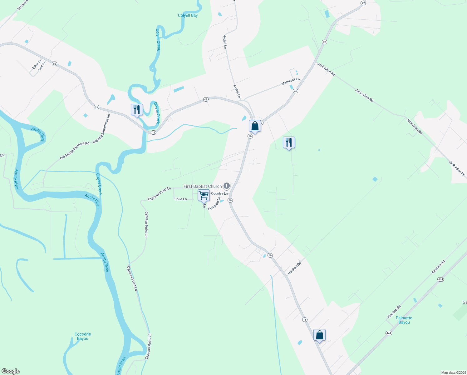 map of restaurants, bars, coffee shops, grocery stores, and more near 16740 Louisiana 16 in French Settlement