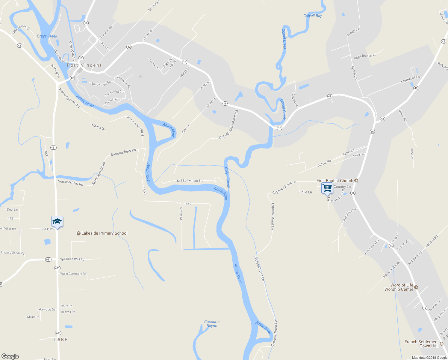 map of restaurants, bars, coffee shops, grocery stores, and more near 15265 Mill Settlement Trce in Port Vincent