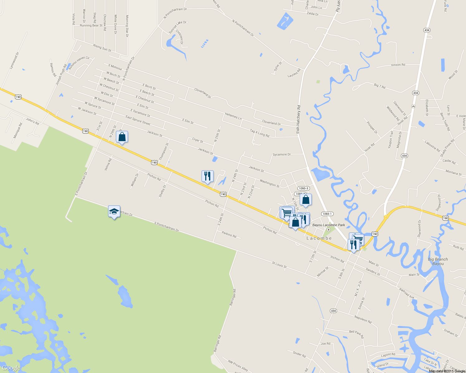 map of restaurants, bars, coffee shops, grocery stores, and more near 61050 North 24th Street in Lacombe